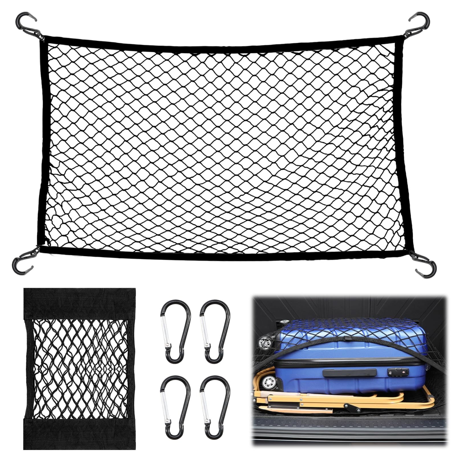 KASURE Gepäcknetz Auto, 40 X 60 cm Kofferraumnetz Mit 4 Karabinern, Kann Auf 72 X 108 cm Kofferraum Netz Erweitert Werden, Passend Für Die Meisten Kofferraumnetze Autos, Festes Gepäck 40*60 Angebot bei HelloDeals
