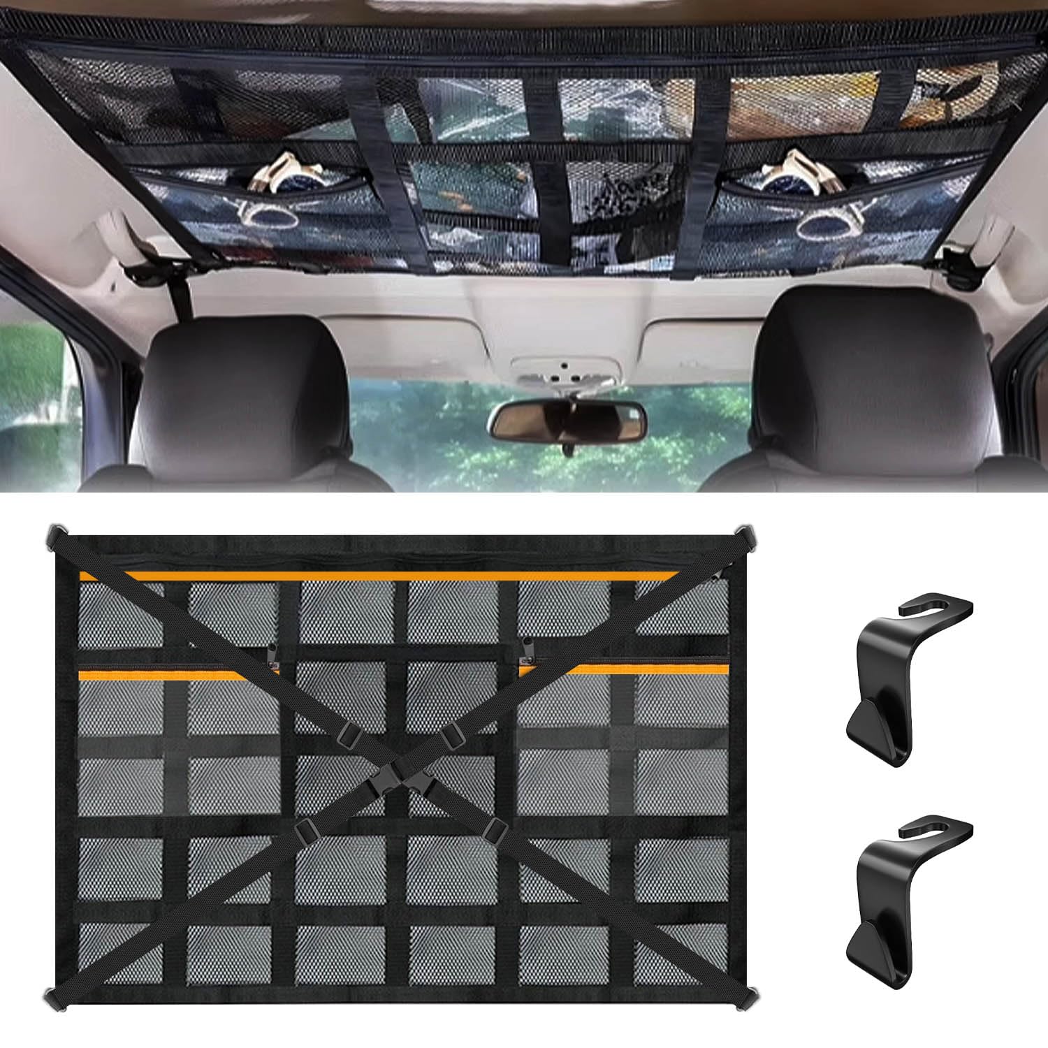 Gepäcknetz Auto, 90×65cm Dachnetz Auto Innen, Gepäcknetz mit Verstellbare Kreuzgurte und 3 unabhängige Reißverschlusstaschen für Vier Dach Armlehnen Jeeps, Van, SUV Angebot bei HelloDeals