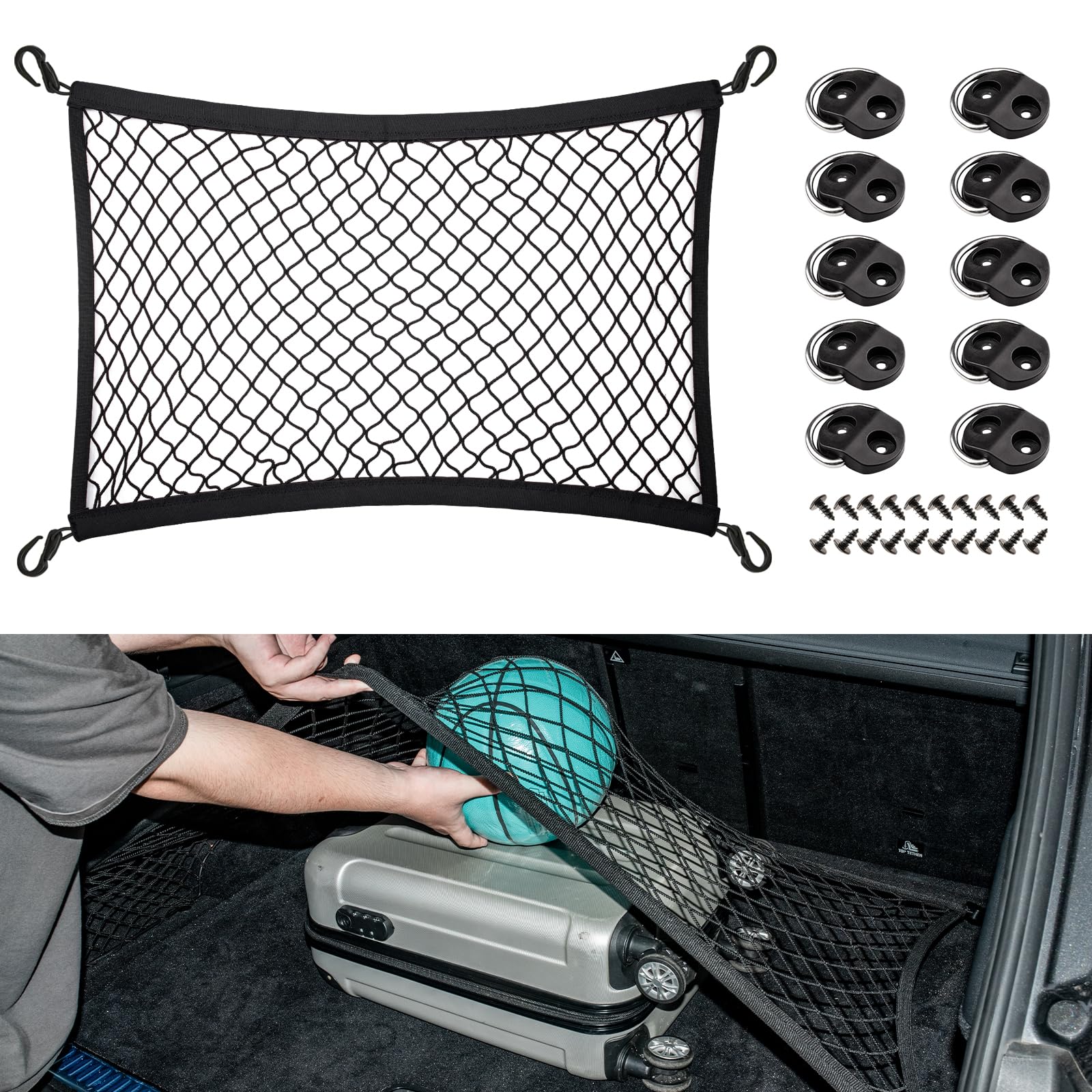 VEHIRIE Gepäcknetz Kofferraum Netz Organizer, Universal 70 x 50 cm Elastisch Auto Kofferraumnetz, Gepäckschutznetz, ladungssicherungsnetz und 10 Stück D Aufbauring Zurröse Angebot bei HelloDeals