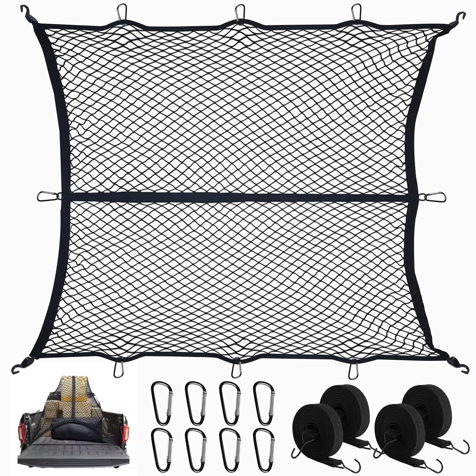 VEUWOLM Hochelastisches Gepäcknetz, 1,2 x 1,2 m dehnbar bis 2,1 m x 2,1 m (Einlagig), LKW-Frachtnetz, Netz-Organizer, mit 8 x Stahlkarabiner + 4 x Haltegurt, Gepäckfixierung für LKW Auto Wohnmobil Angebot bei HelloDeals