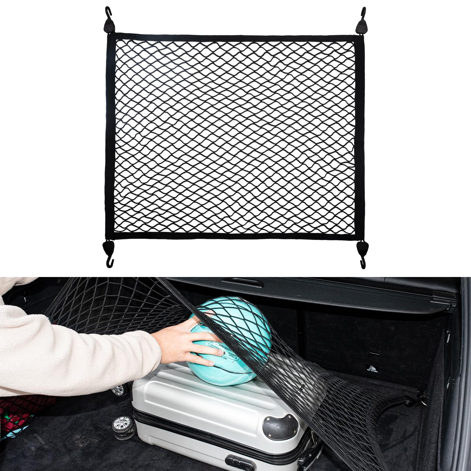 VEHIRIE Kofferraumnetz Gepäcknetz Auto, 80 x 60 cm Erstreckt Sich auf 180 x 120 cm, Universal Auto Netz mit 4 massiven Haken, Super Elastisch Kofferraum Netz Organizer, Gepäckschutznetz Angebot bei HelloDeals
