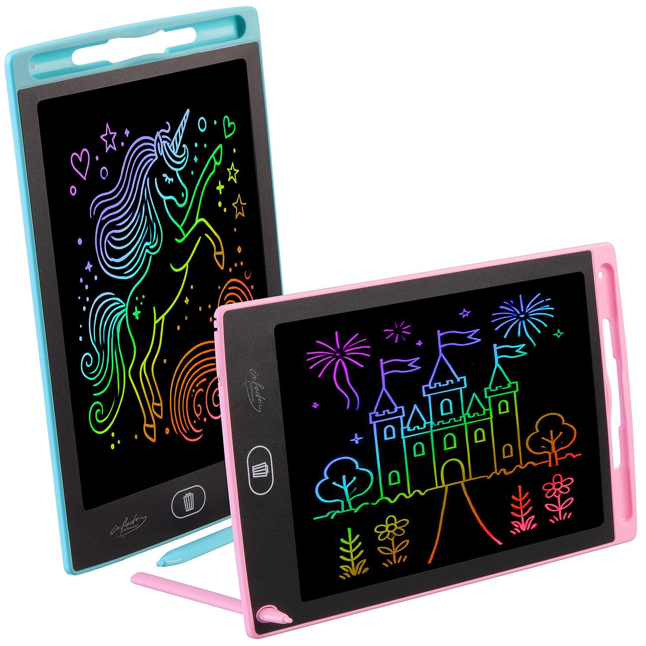 infactory Schreibtafel: 2er-Set LCD-Schreibtafeln für Kinder, 8,5"/21,5 cm, Stift, rosa & blau (Zaubertafel, LCD Schreibtafel Kinder, Eingabestift) Angebot bei HelloDeals