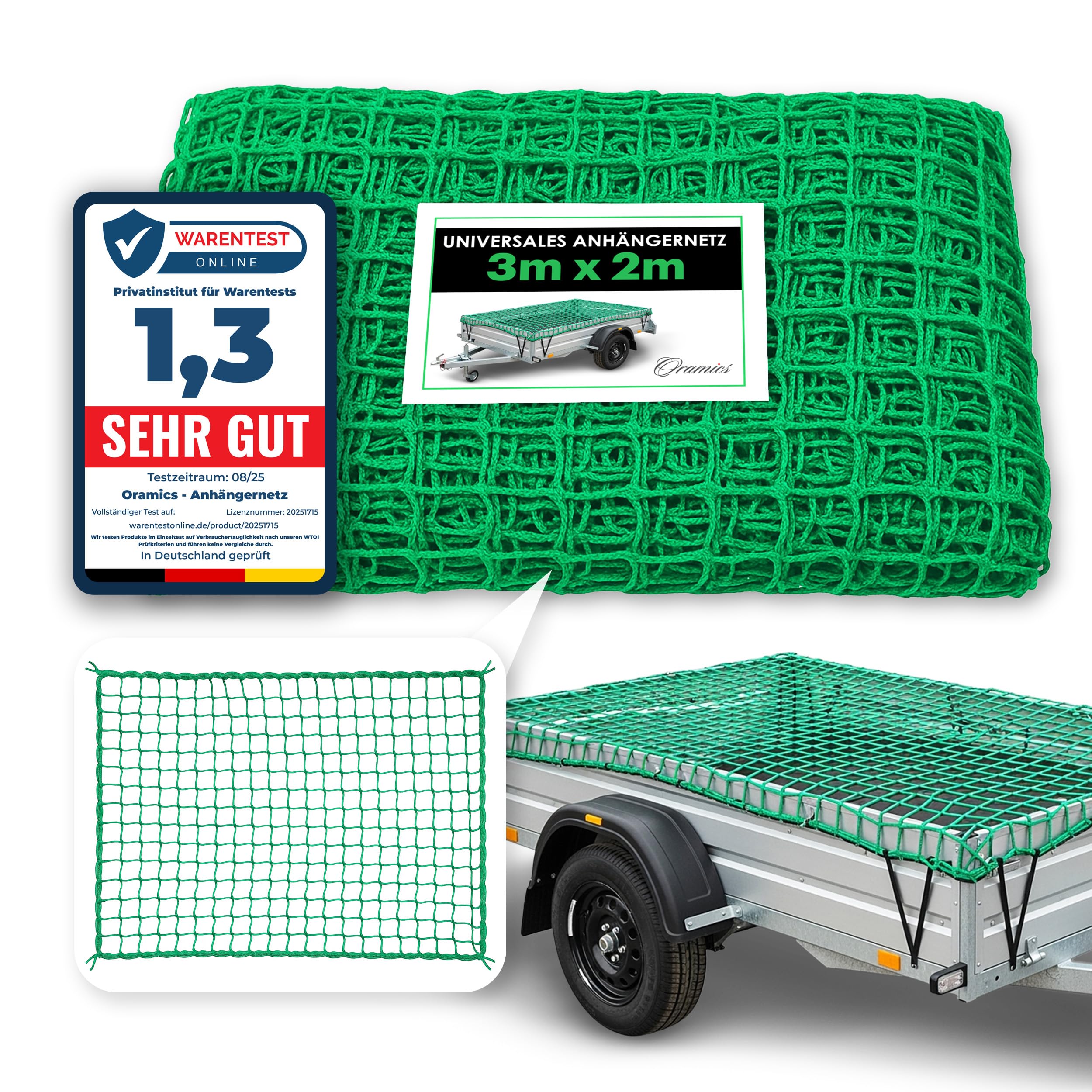 Oramics Anhängernetz 2x3 m – Reißfestes Gepäcknetz & Sicherungsnetz für Anhänger – Dehnbares Netz zur Ladungssicherung aus grünem Nylon – Netz für PKW-Anhänger, Transport & Plane Angebot bei HelloDeals