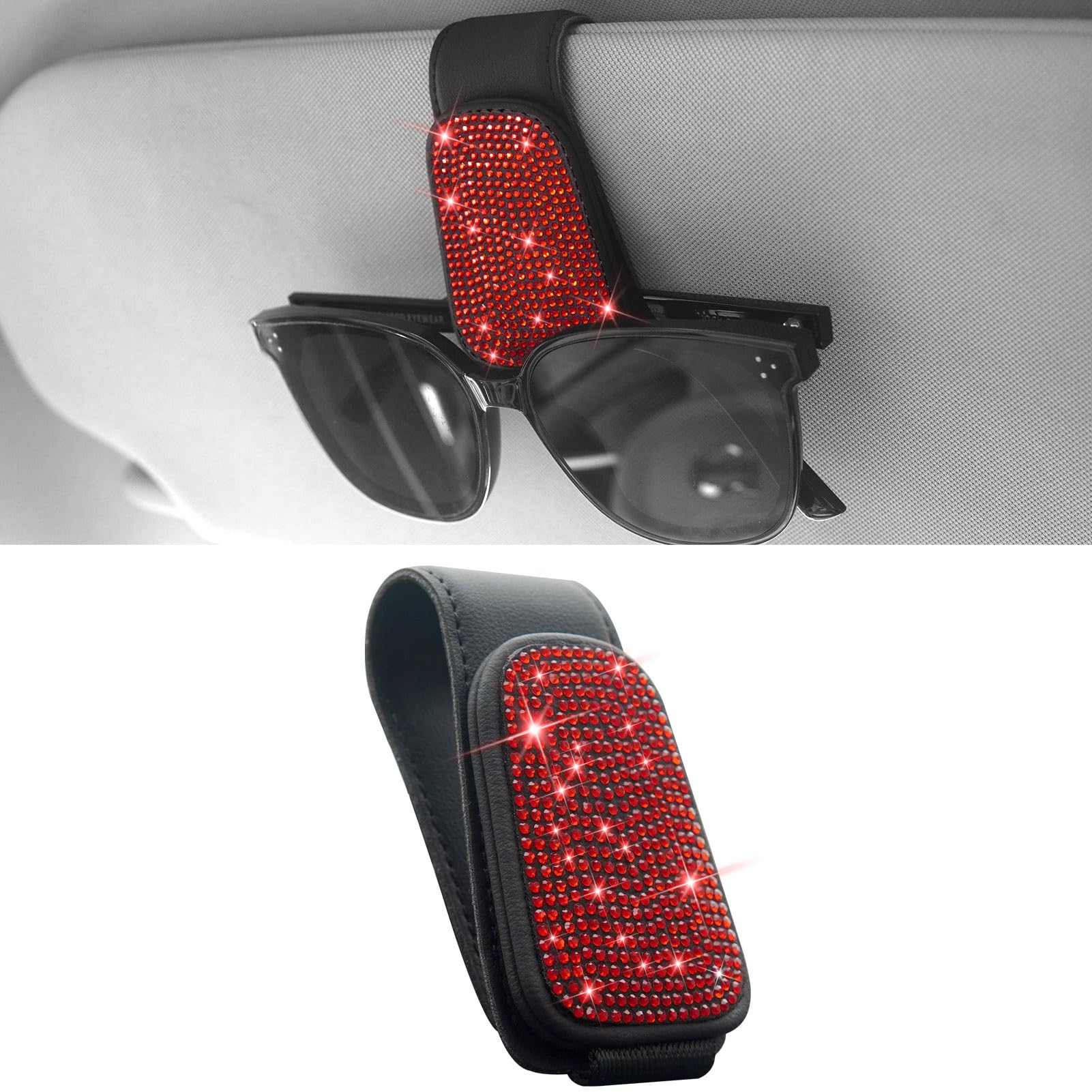 Anwlki Bling Sonnenbrillenhalter für Auto Visier Magnetische Leder Brillenhalter Visier Clip, Strass Brille Brillenbügel Ticket Karte Clip für Frauen Mädchen (Rot) Angebot bei HelloDeals
