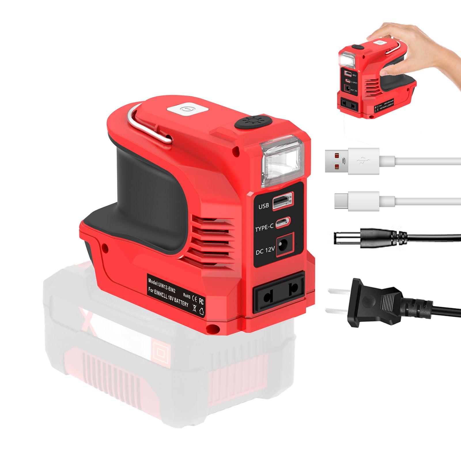 180W Akku Wechselrichter Kompatibel mit EIN-hell 18V Akku, DC 18V auf AC 200V-240V Power Wechselrichter, Spannungswandler Konverter mit 200LMLED Lampe, DC Rundloch, USB-A, USB-C, Wechselstromauslass Angebot bei HelloDeals