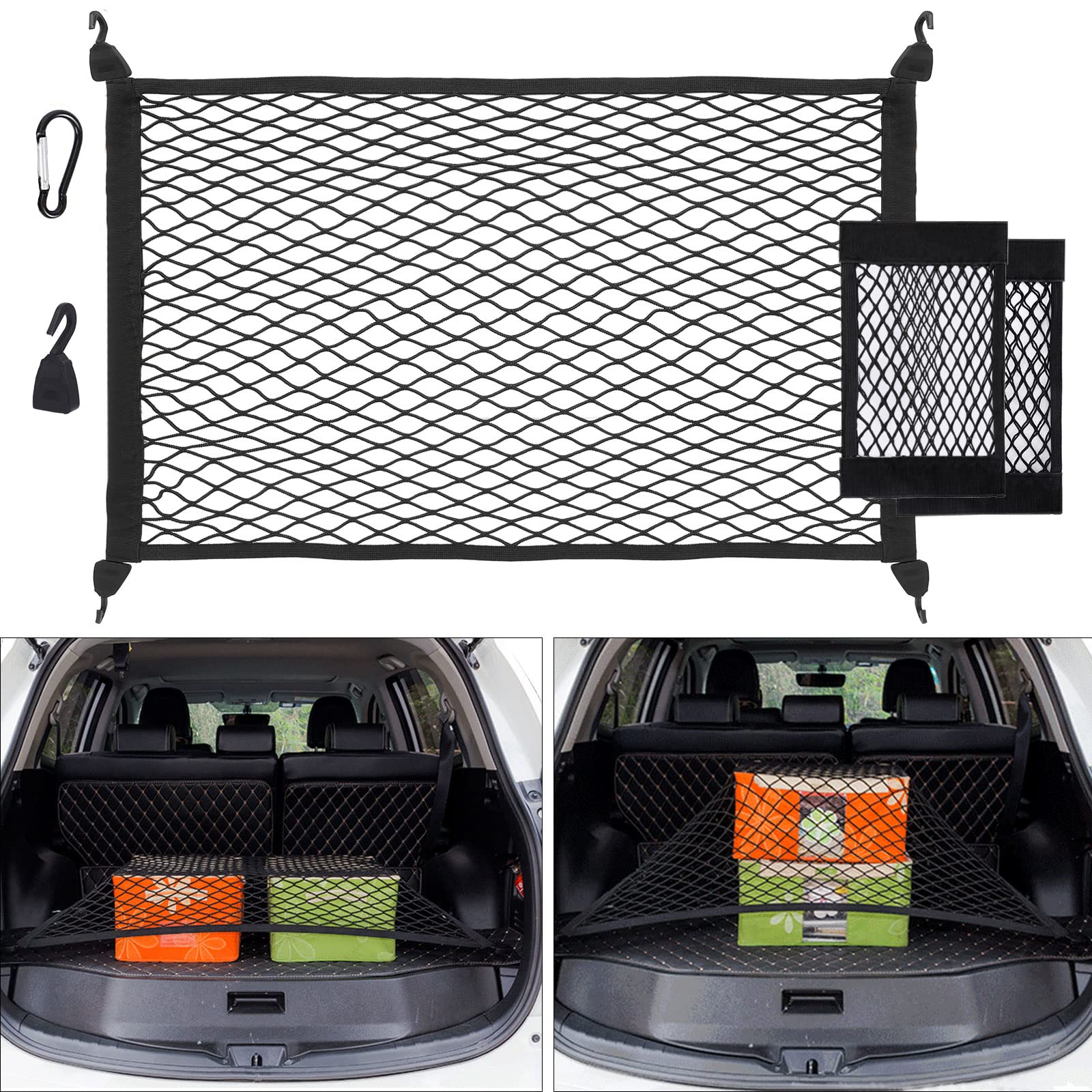 UIHOL Kofferraumnetz Auto, Gepäcknetz Erstreckt Sich auf 140x100cm, Aufbewahrung Netz für Kofferraum Autodach+2 Organizer Netztasche+4 Stahlkarabiner+4 ABS Haken, Elastischer Rand hält Lasten Fester Angebot bei HelloDeals