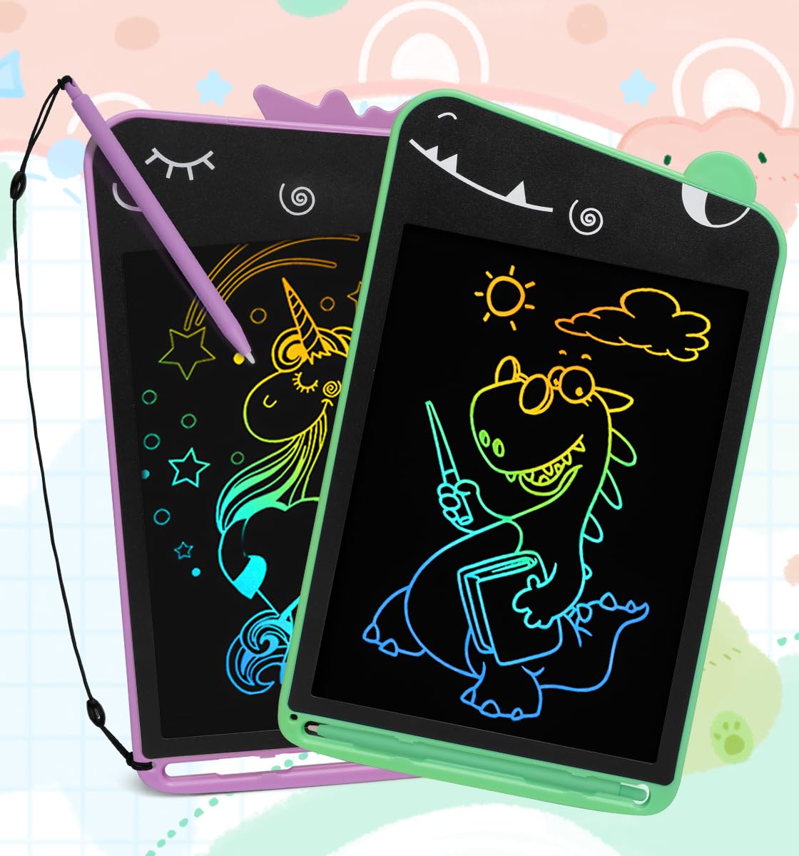 Fullware LCD Schreibtafel Kinder, 10 Zoll Maltafel Zaubertafel Dinosaurier Einhorn Spielzeug, Geburtstag Weihnachts Geschenke für 3 4 5 6 7 8 Jahre Jungen Mädchen Green + Purple 8,5 Zoll Angebot bei HelloDeals