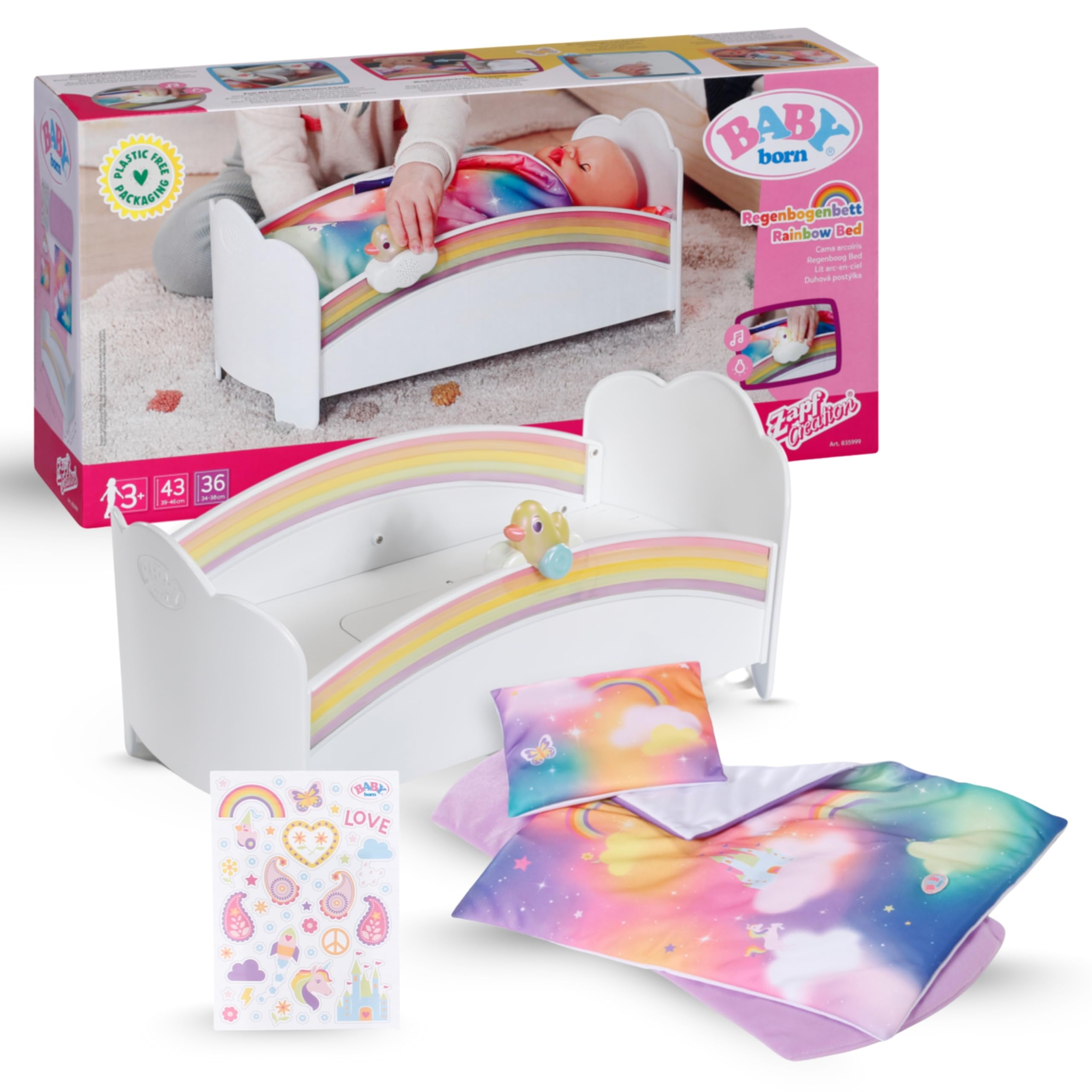 Baby Born Regenbogenbett - Puppenbett mit Regenbogenlicht & beruhigender Einschlafmelodie - Hochwertiges Puppen Zubehör inkl. Wendebettwäsche & Stickern - Geeignet für Kinder ab 3 Jahren Angebot bei HelloDeals