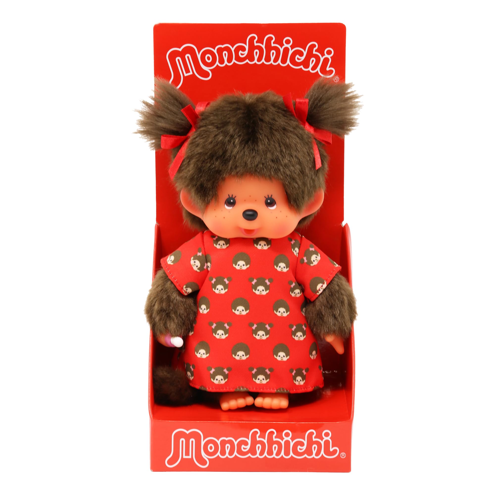 Sekiguchi 221295 - Original Monchhichi Mädchen, Plüschtier mit Monchichikleid und Schleifen, ca. 20 cm großes Kuscheltier aus braunem Plüsch Angebot bei HelloDeals