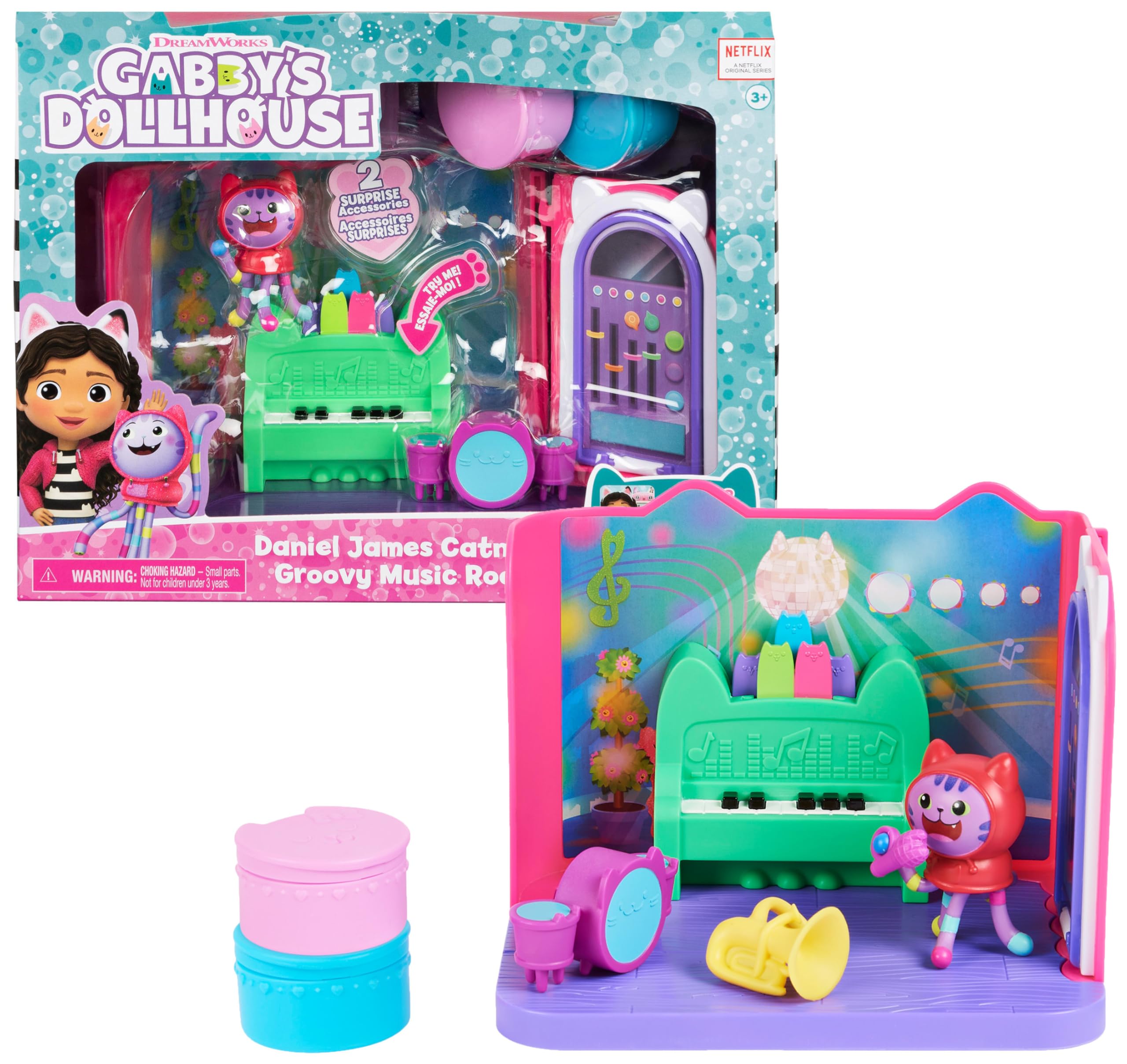 Gabby‘s Dollhouse Deluxe Raum, Groovy Music Room, Musikzimmer mit DJ Katzenminze (engl. DJ Catnip), 2 Möbelstücken und 2 Überraschungsboxen mit Zubehörteilen, geeignet für Kinder ab 3 Jahren Mehrfarbig Angebot bei HelloDeals