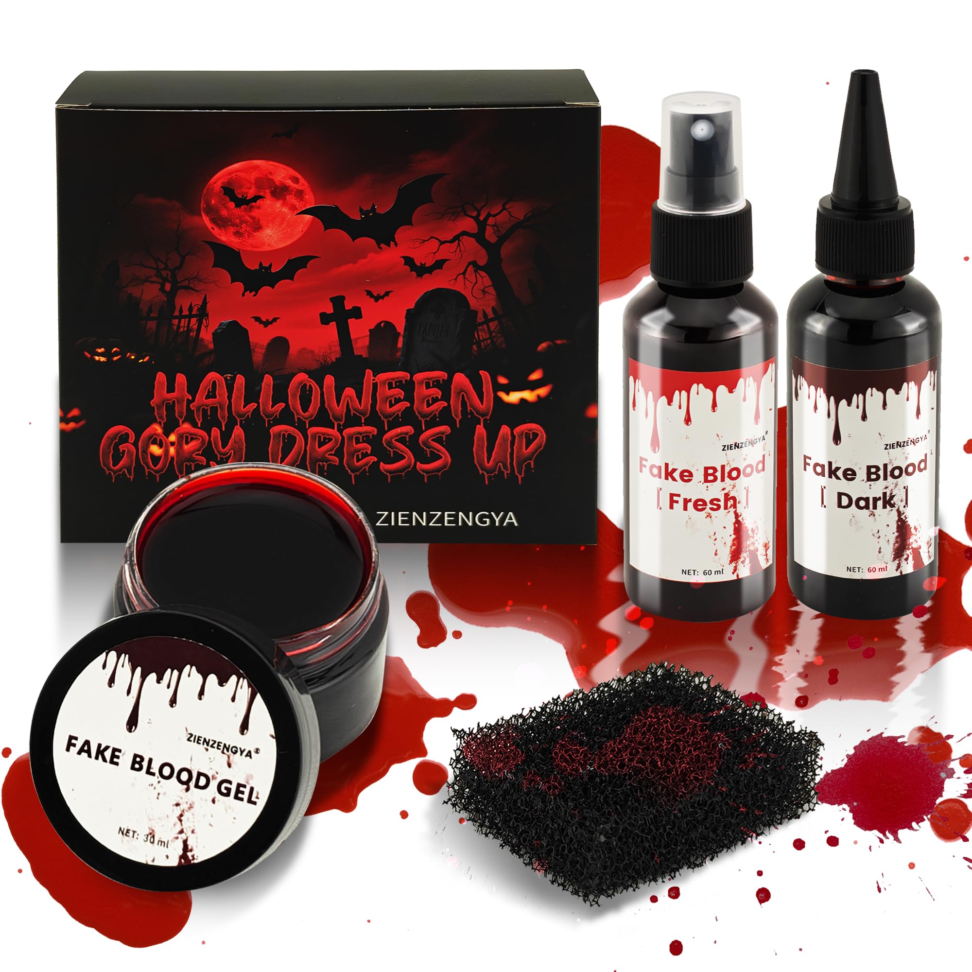 ZIENZENGYA Kunstblut Halloween, 60ml Künstliches Frisches Blut, 60ml dunkelrotes TheaterBlut, 30ml Geronnenes Blutplasma, 1Pcs Schwamm, Fake Blood, Auswaschbar für Halloween Zombie Vampir Wunde Angebot bei HelloDeals
