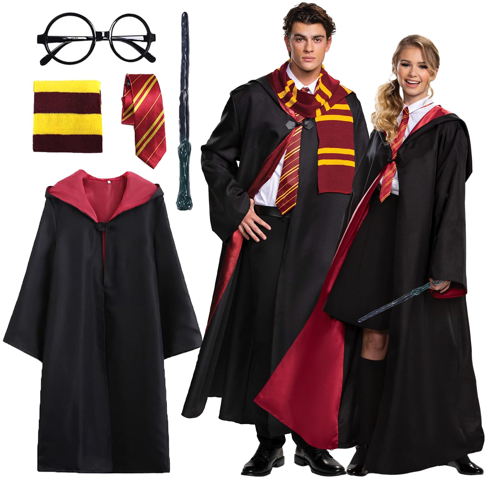 Kitimi Magic Robe, Umhang,4PCS Zauberer Cosplay Kostüm für Erwachsene,with Cape,Magic Wand,Glasses,Scarf,Tie,Halloween Wizard Costume for Cosplay,Carnival,Fancy Dress Rot L Angebot bei HelloDeals