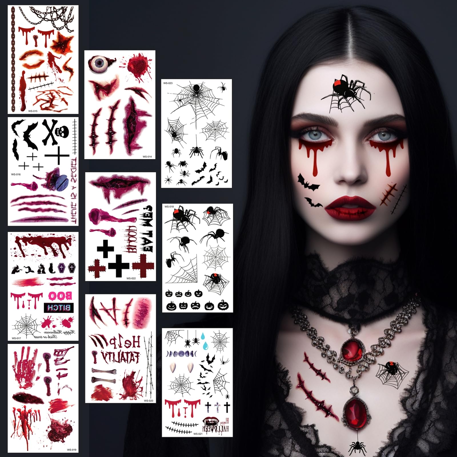 Halloween Tattoo, 10 Blatt Halloween Kostüm Damen Herren Accessoires, Teufel Zombie Vampir Hexe Gruselig Gesichtstattoo, Horror Kostüm Erwachsene Kinder Wunden Narben Kunstblut Gesicht Aufkleber Angebot bei HelloDeals