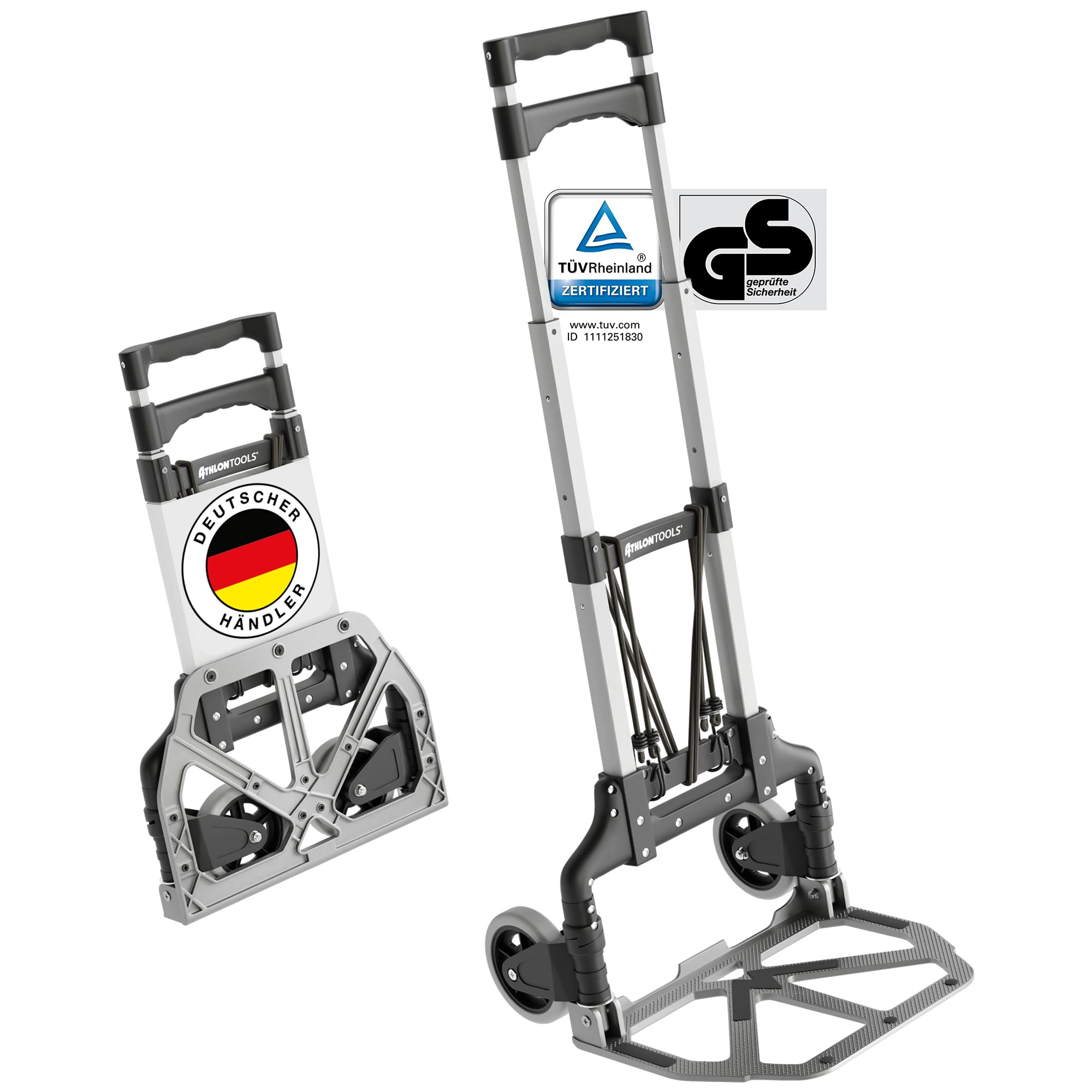 ATHLON TOOLS Aluminium Transportkarre klappbar - extra Langer Teleskopgriff 110 cm - Ladefläche mit Anti-Rutsch-Pads - Leichtgängige Räder mit Soft-Laufflächen - inkl. 2 Expanderseilen - Modell 2025 Angebot bei HelloDeals