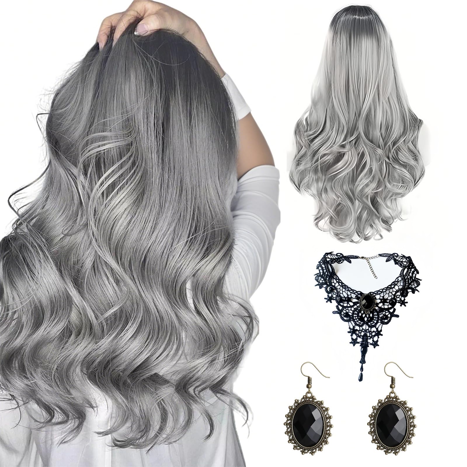 Halloween Perücke Damen, 65cm Ombre Grau Lang Wellig Perücken mit Gothic Halskette und Ohrringe für Halloween Kostüm Damen Vampir Hexen Cosplay Wig Party (Schwarz) Angebot bei HelloDeals