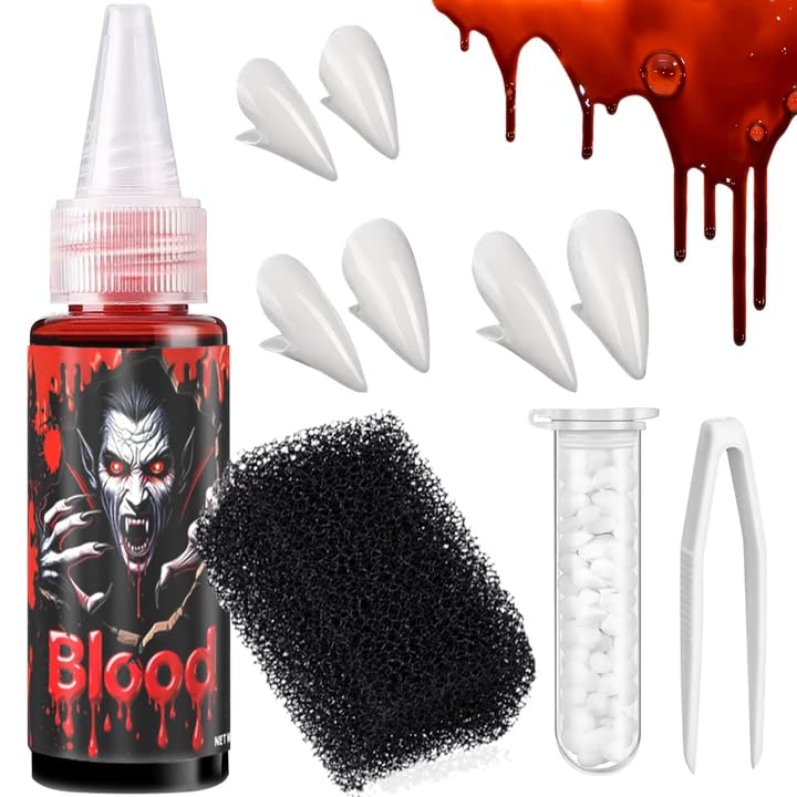 Halloween Zähne Fake Blood Set Vampir Kostümzubehör mit 3 Paar Zähnen Fake Blut Flasche Zombie Make-up für Horror Party Cosplay & Gruselige Kostüme Set mit Kunstblut und Zahnersatz Angebot bei HelloDeals