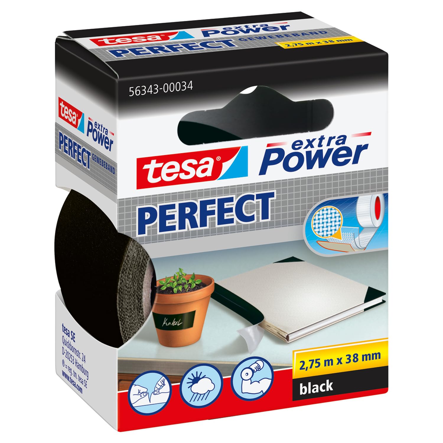 tesa extra Power Perfect Gewebeband - Gewebeverstärktes Ductape zum Basteln, Reparieren, Befestigen, Verstärken und Beschriften - Schwarz - 2,75 m x 38 mm 2,75m x 38mm Schwarz Angebot bei HelloDeals