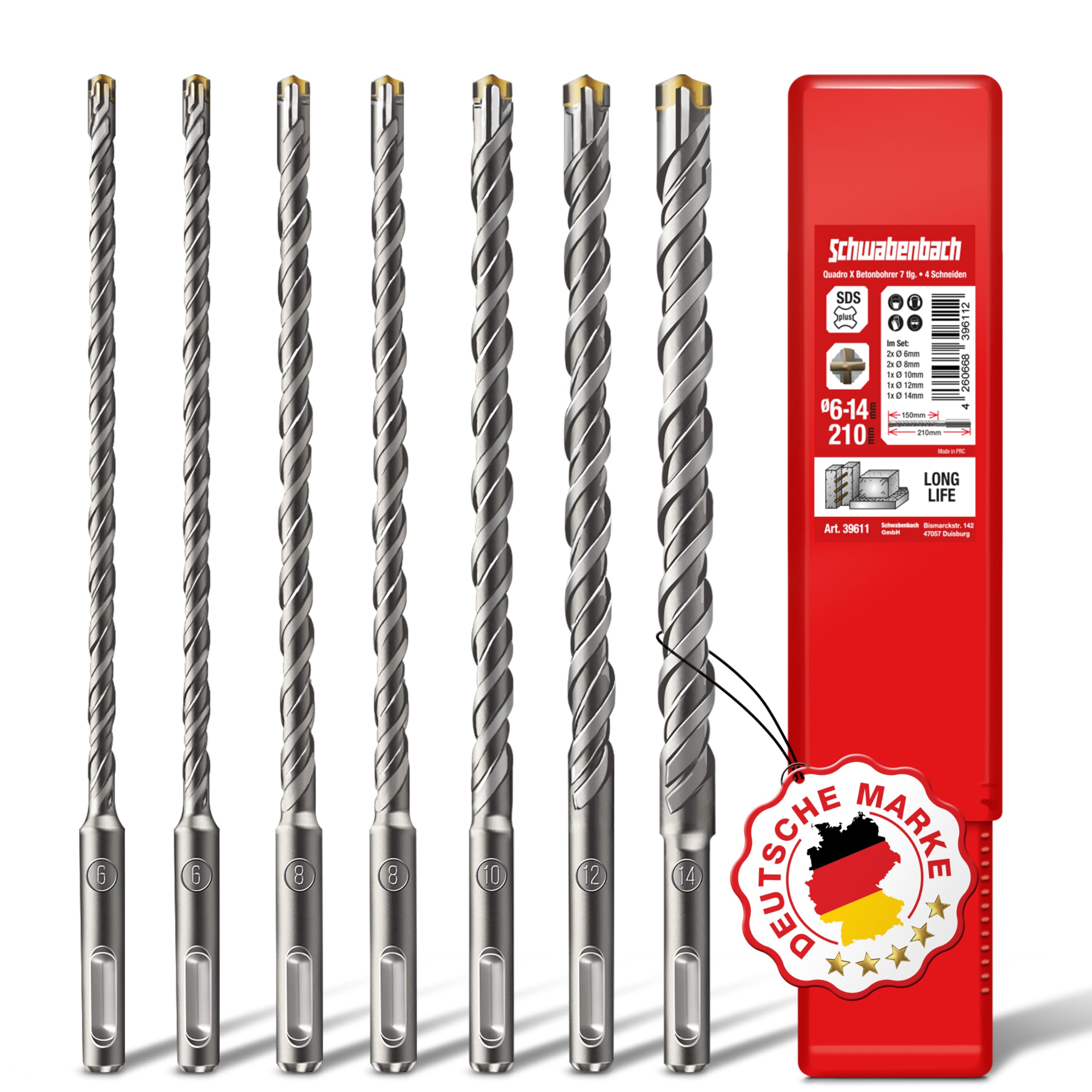 SCHWABENBACH ® SDS PLUS Betonbohrer Set - Super SDS Bohrer Set - 7tlg. 6 8 10 12 14 x 210 mm - Steinbohrer kompatibel mit Bosch Hilti Metabo Bohrhammer - für Schlagbohrmaschine (kein SDS MAX) SET 7tlg. - SDS PLUS - 6-14mm(210mm) SDS Plus Betonbohrer Angebot bei HelloDeals