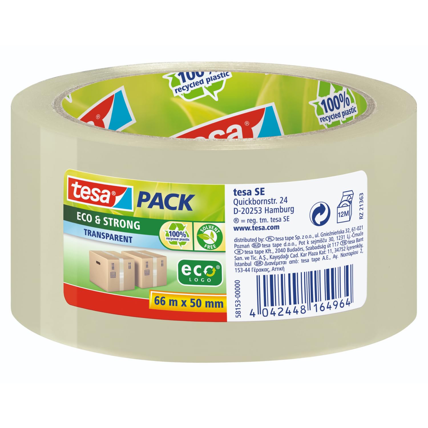 tesapack Eco & Strong - Umweltschonendes Paketband aus 100% recyceltem Kunststoff, UV- und alterungsbeständig - Transparent - 66 m x 50 mm 66m:50mm transparent Angebot bei HelloDeals