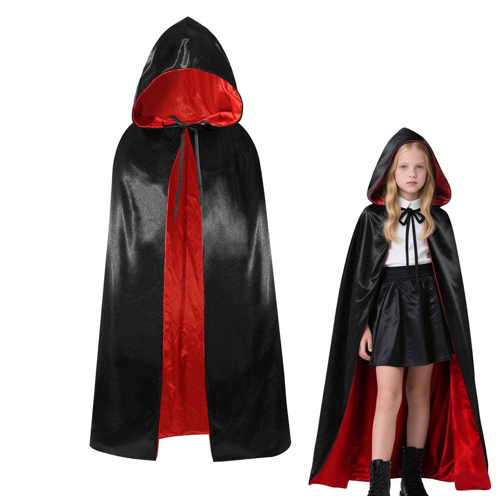 YIMOJOY Halloween Vampir Kostüm Kinder Satin Umhang mit Kapuze 120CM Doppelseitig Vampir Umhang Mädchen für Halloween Karneval Mittelalter Kostüm Party(S) Angebot bei HelloDeals
