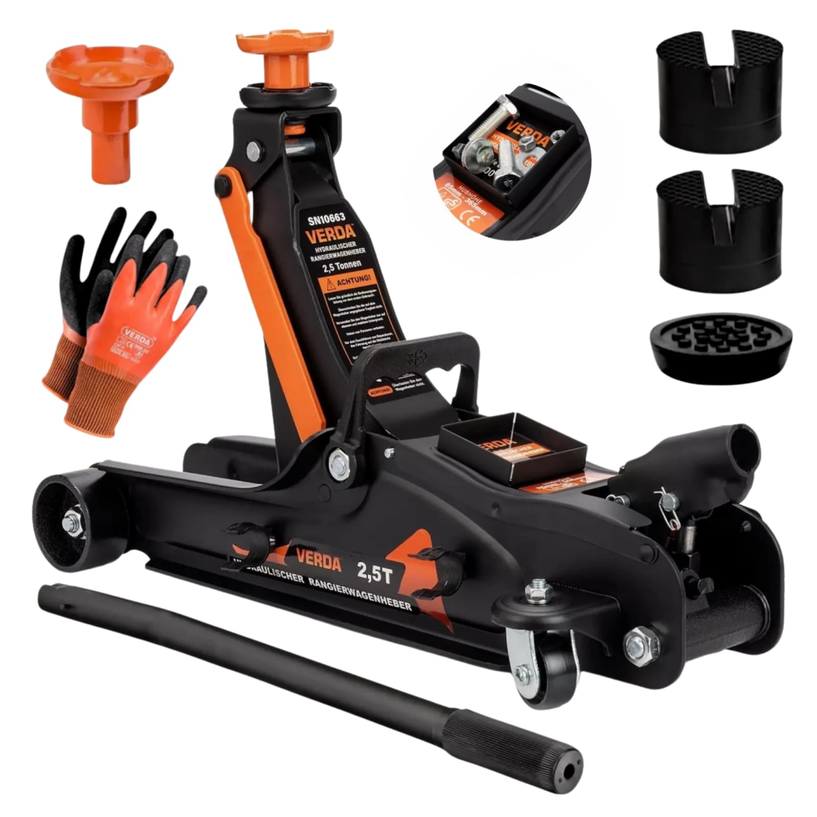 Verda Hydraulischer Wagenheber 2,5T, 85-365 mm + 3X Gummi + Arbeitshandschuhe + Magnetische Werkzeugschale Autoheber Rangierwagenheber Heber PKW, Profi, Ständer, Flache, Wohnmobil, Geländewagen Wagenheber 2,5T Schwarz + Orange Angebot bei HelloDeals