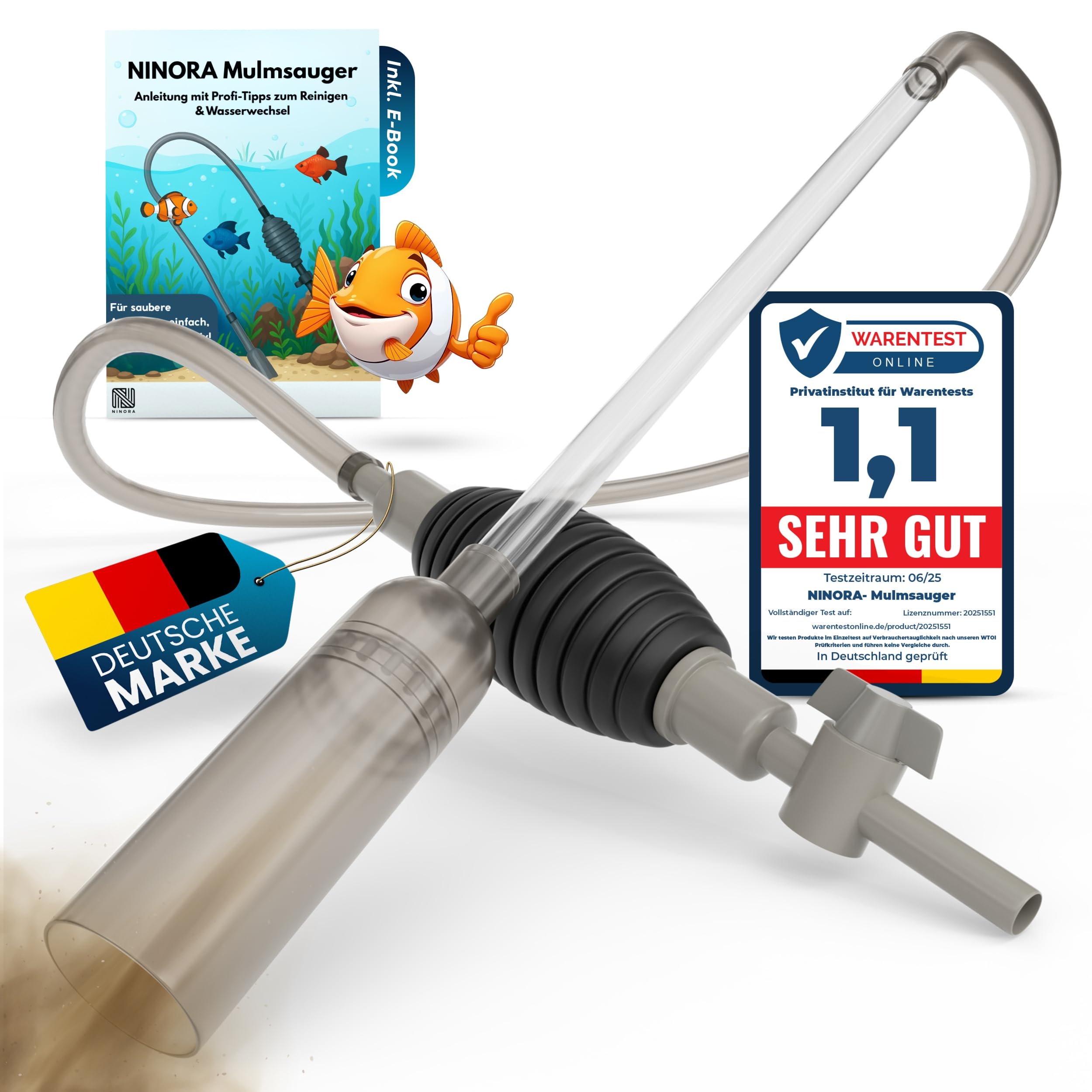 NINORA® Mulmsauger Aquarium – Kiesreiniger, Bodenreiniger & Wasserwechsel mit Pumpe und Schlauchventil I Sicher für Fische, ohne Chemie I Für kleine & große Aquarien I Aquarium Zubehör inkl. E-Book Angebot bei HelloDeals