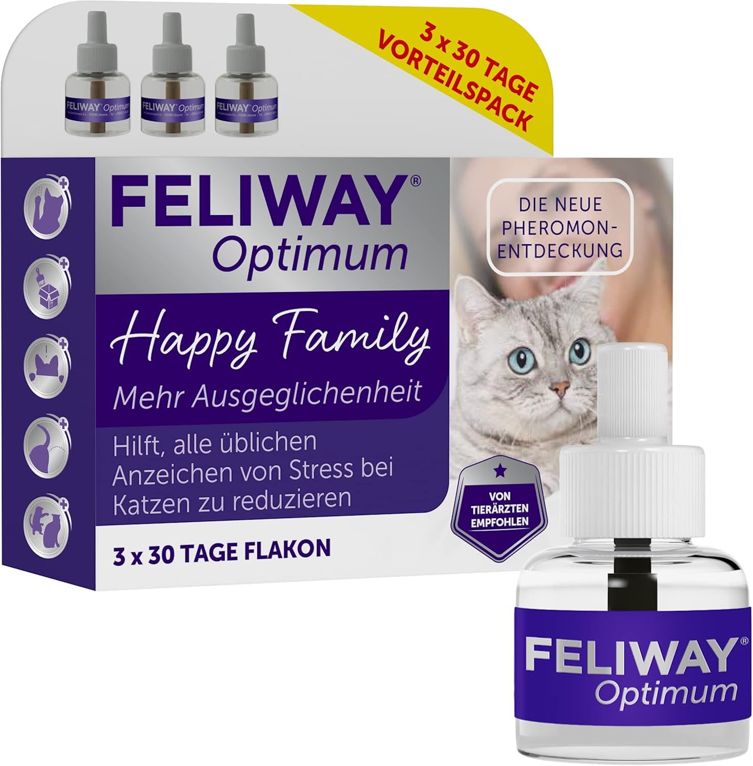FELIWAY Optimum 3x30 Tage Vorteilspack für Pheromon Verdampfer, 3x48ml - Hilft Anzeichen von Stress bei Katzen und Kitten zu reduzieren, von Tierärzten empfohlen, klinisch getestet, für mehr Harmonie 3 x 48 ml (3er Pack) Angebot bei HelloDeals