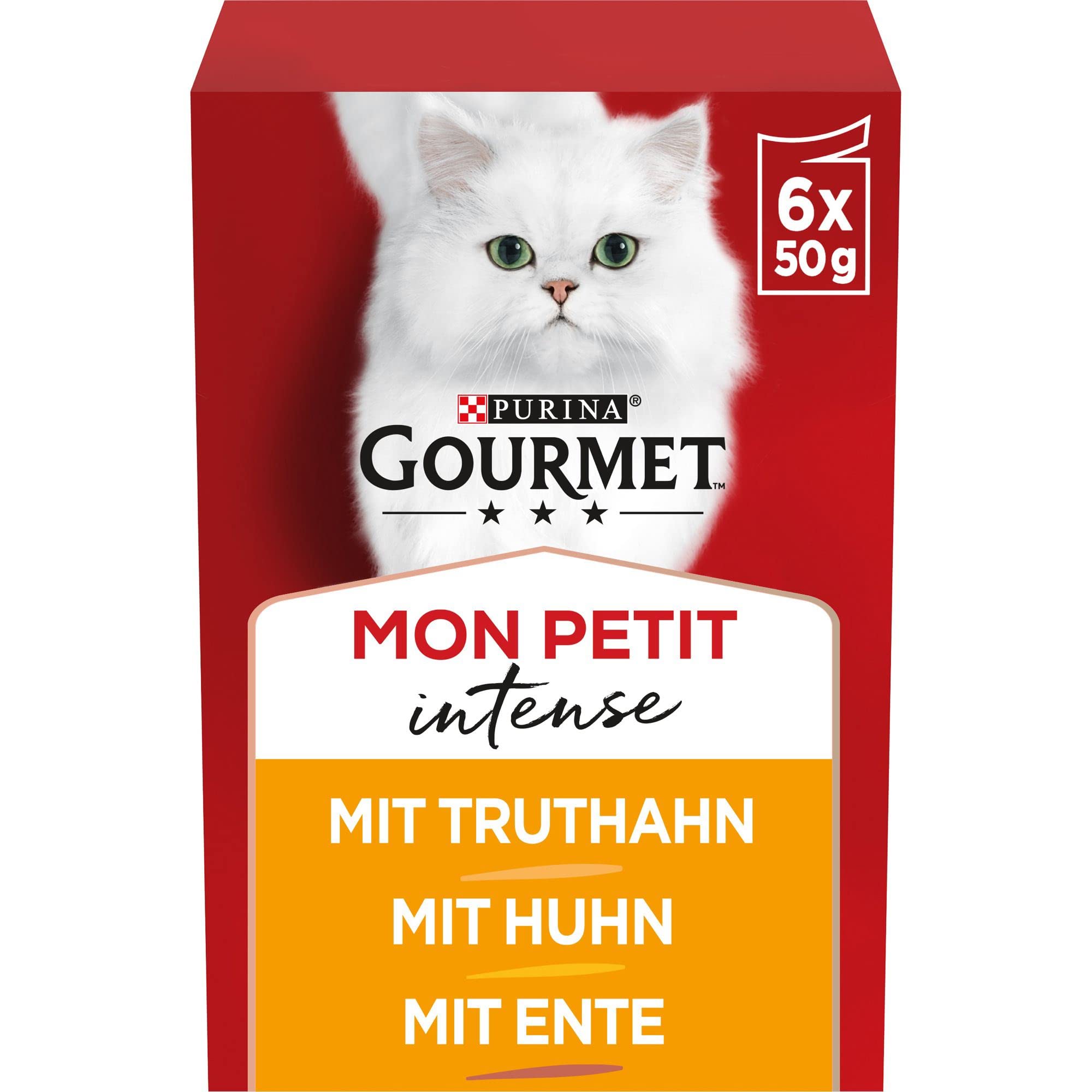 Gourmet Mon Petit Intense Katzenfutter nass, Geflügel-Variationen, 8er Pack (8 x 6 Beutel à 50g) Huhn, Ente, Truthahn Angebot bei HelloDeals