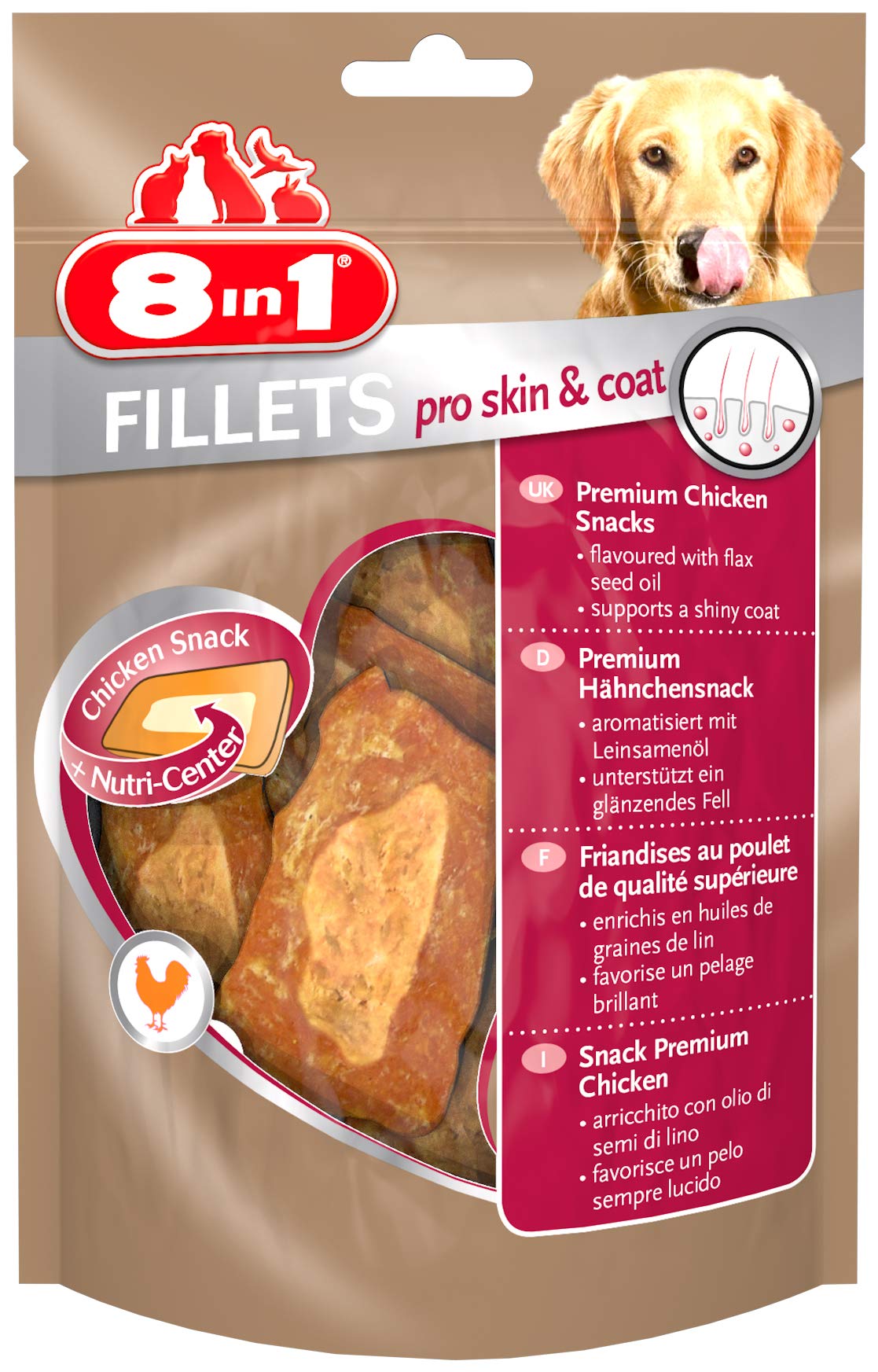 8in1 Fillets Pro Skin & Coat Hunde-Snack mit Hähnchen, funktionale Leckerlis für Hunde, aromatisiert mit Leinsamenöl, 80 g Beutel Pro Skin & Coat 80 g (1er Pack) Angebot bei HelloDeals