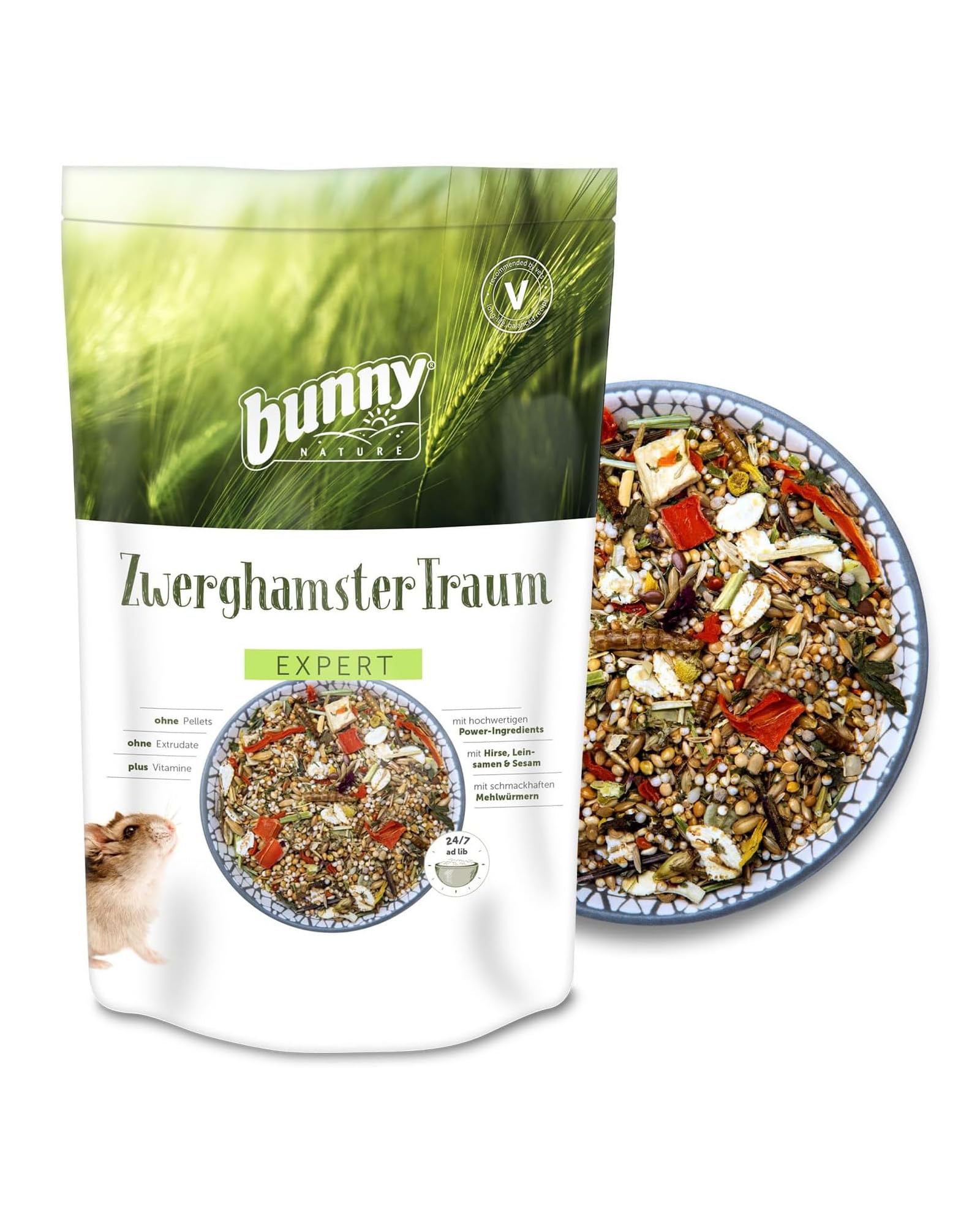 bunnyNature ZwerghamsterTraum Expert - Alleinfuttermittel für Zwerghamster - Futter Mix mit Vitaminen, Power-Ingredients & Mehlwürmern - 500g Angebot bei HelloDeals