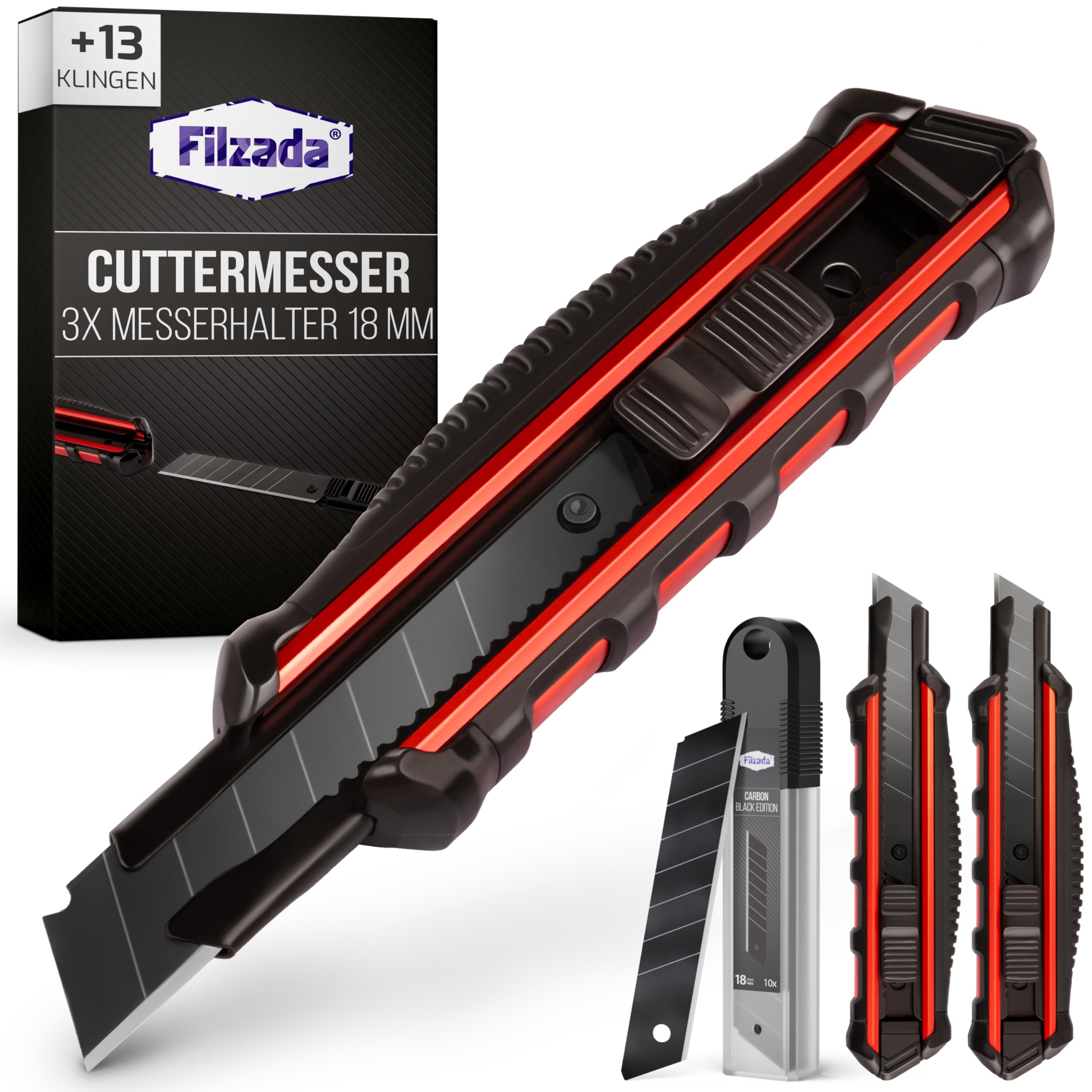 Filzada ® 3x Cuttermesser Profi inkl. 13x Carbonstahl Klingen BLACK - Cuttermesser 18mm - Robustes Teppichmesser Profi - Cutter Messer Set - Kattermesser Metall ULTRASCHARF 3x Cuttermesser-Set Angebot bei HelloDeals