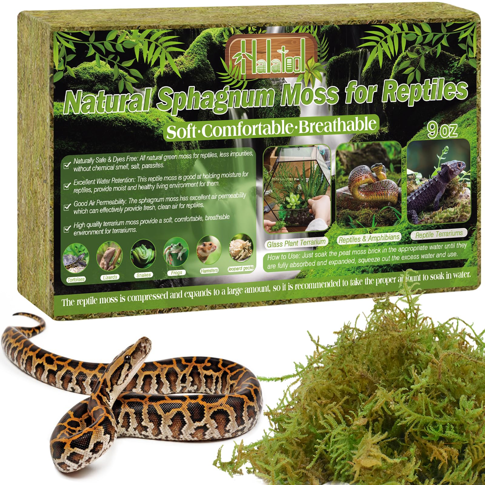 Halatool 260g Premium Grünes Moss，Natural Terrarium Moss Brick für Reptiles (Leopardgecko, Schlangen, Hamster, Schildkröten, Frösche, Echsen, Salamander), Safe for Plants & Animals. Angebot bei HelloDeals