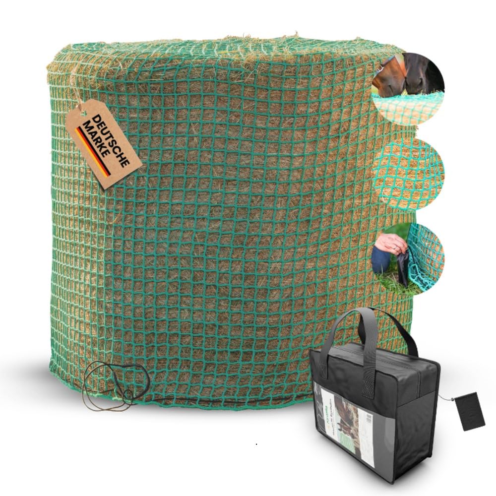 Farmilia® Heunetz für Pferde - Ideal für Rundballen bis ø190cm I Robustes Rundballennetz - UV-geschützt & wetterfest I Großes Heunetz inkl. Tragetasche - 45x45mm Maschen für langsames Fressen Angebot bei HelloDeals
