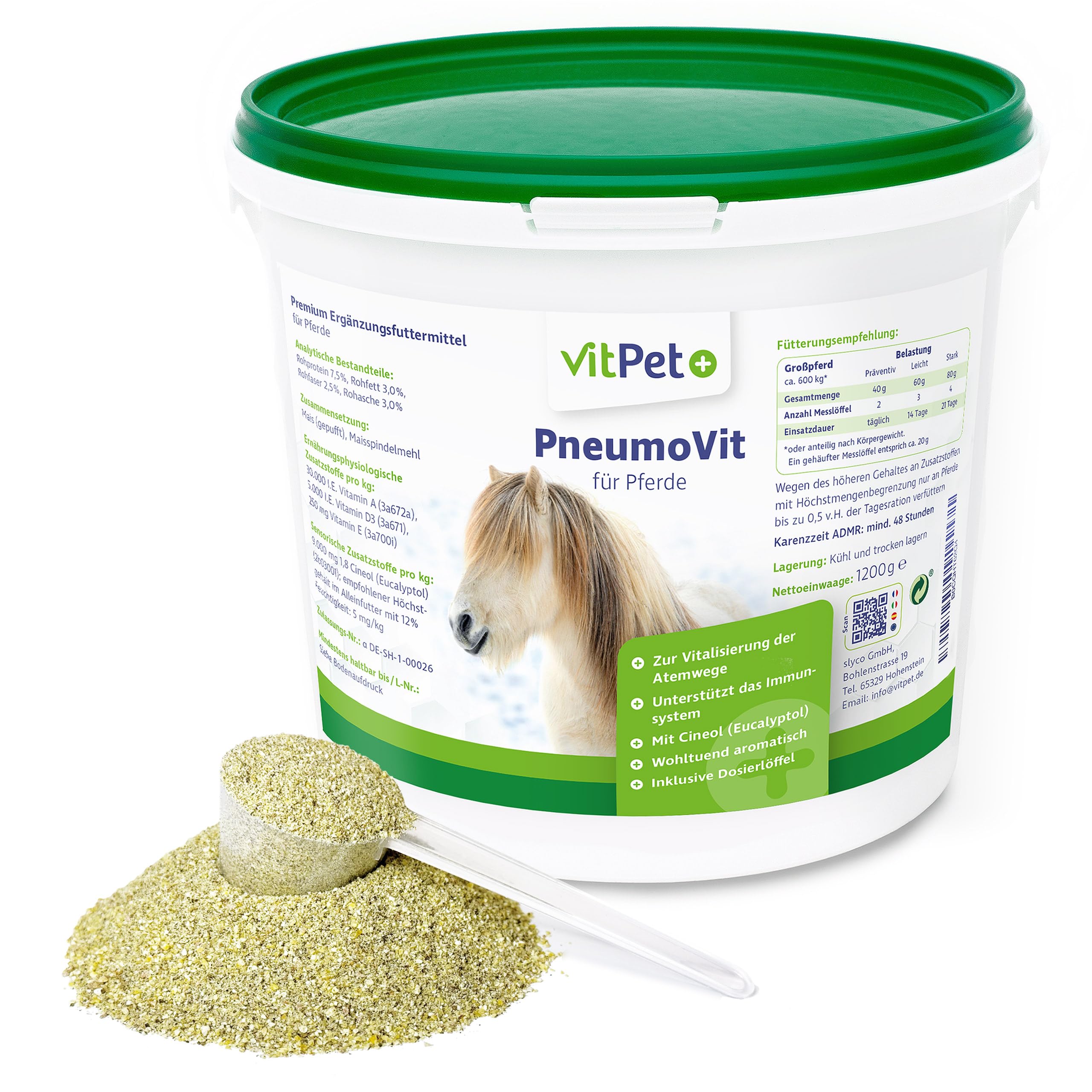 VitPet+ PneumoVit – Bei Husten Pferd – 1,2 kg – Mit natürlichem Eukalyptol – Zur Unterstützung von Atemwegen und Immunsystem – Erleichtert das Abhusten – Schleimlösend und beruhigend Angebot bei HelloDeals