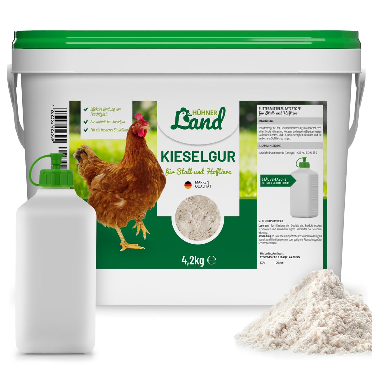 HÜHNER Land Kieselgur für Hühner 4,2kg INKLUSIVE Stäubeflasche - Reines Kieselgur Hühner Pulver, Kieselerde Pulver, Naturprodukt für Hühnerstall 4,2 kg Angebot bei HelloDeals