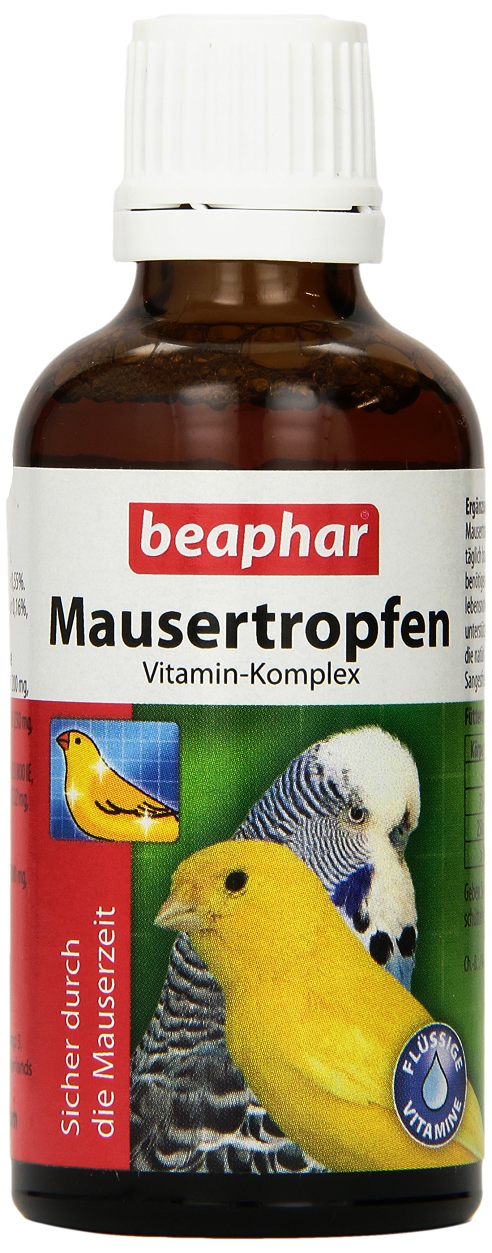 BEAPHAR - Mausertropfen Vitamin-Komplex - Nahrungsergänzungsmittel Für Vögel - Mit Vitamin A, C, D3, E, K, B-Komplex - Unterstützt Natürliche Abwehrkräfte, Fördert Sprech- Und Sangesfreude - 50 ml Angebot bei HelloDeals