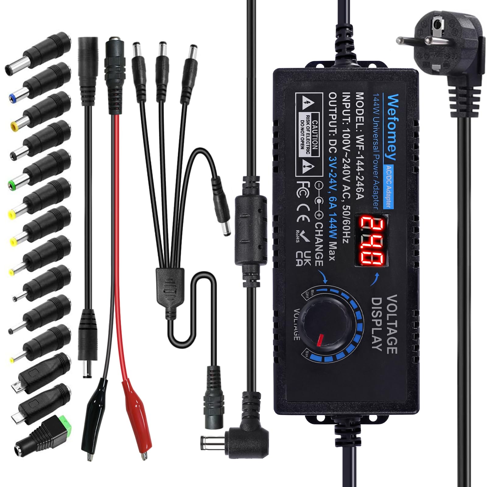3V-24V 6A 144W Einstellbares Netzteil Universal Netzteiladapter Verstellbarer Netzadapter 100V-240V AC to DC mit LED Spannungsanzeige und 14 Tipps für Haushaltselektronik, 6000mA Max 3V-24V 6A mit 1 Buchse auf 4 Stecker Splitterkabel Angebot bei HelloDeals