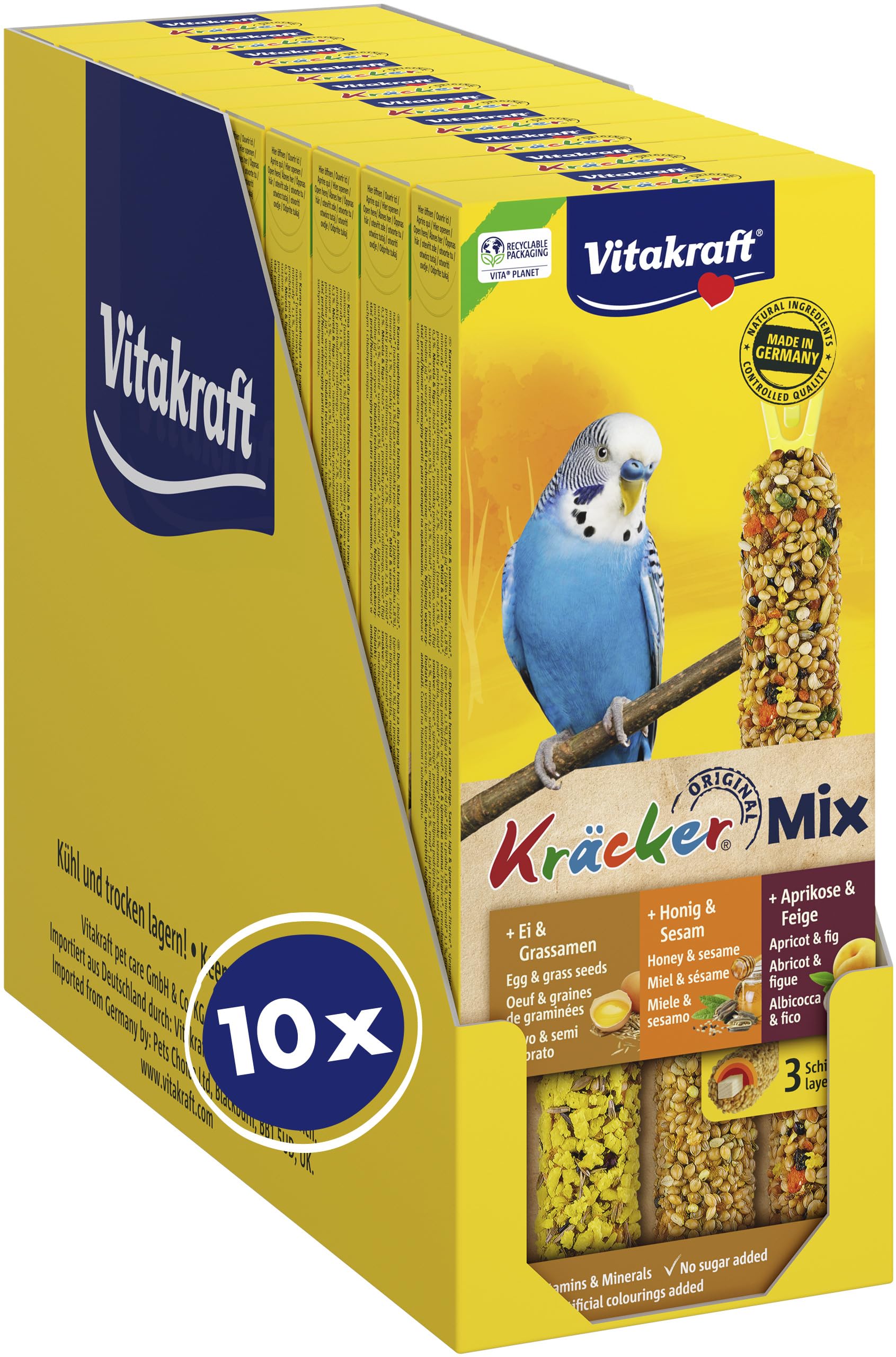 Vitakraft Kräcker Mix, Vogelsnack, Knabberstangen, mit Ei und Grassamen, mit Aprikose und Feige, mit Honig und Sesam, zur Schnabelpflege, ohne Zusatz von Zucker (10x 80g) Angebot bei HelloDeals