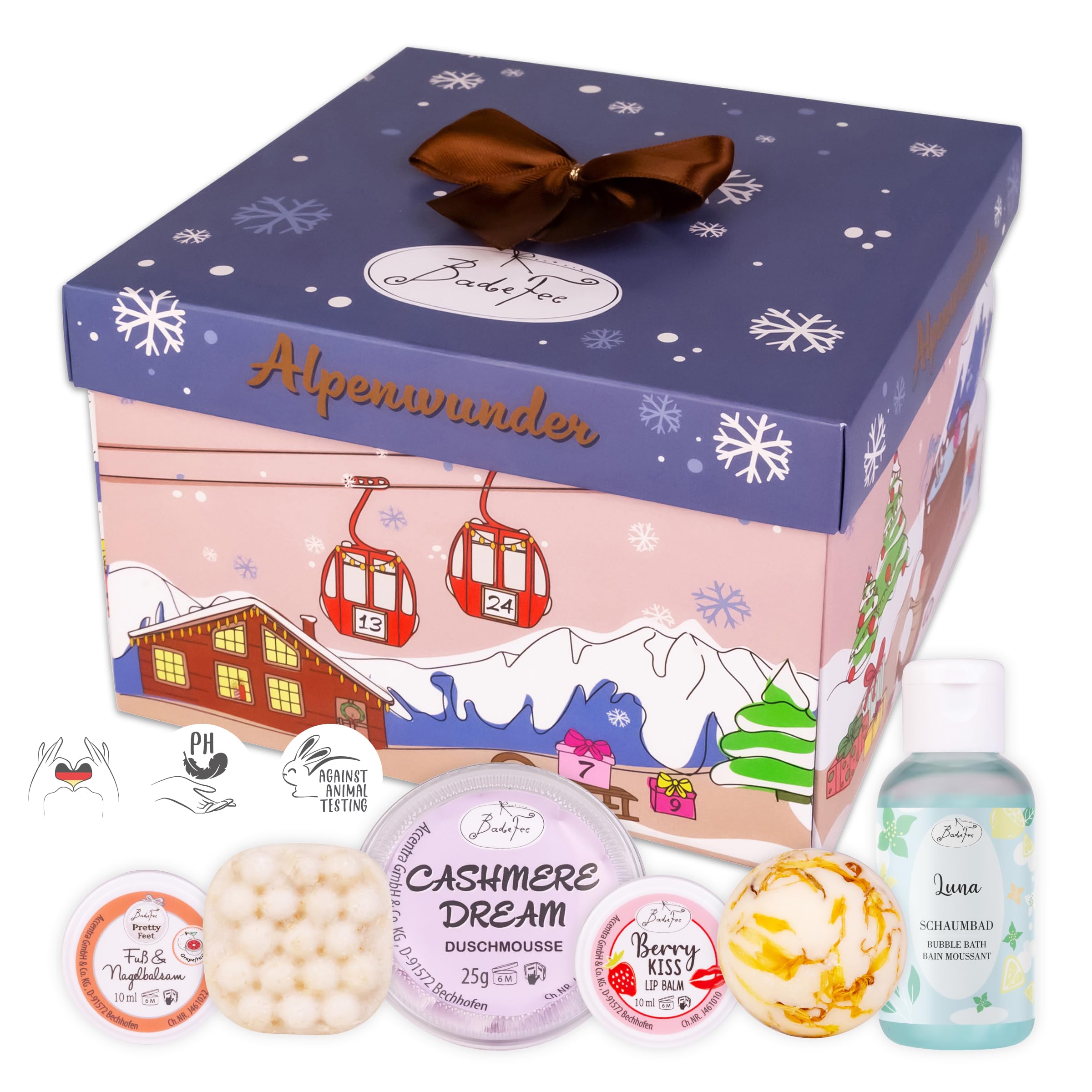 BadeFee Beauty Adventskalender für Frauen "Alpenwunder" 2025, 24 ausgewählte Kosmetikprodukte: Duschmousse, Deocreme, Handcreme uvm. – ohne Silikone, Weihnachtskalender handgemacht in Deutschland Angebot bei HelloDeals