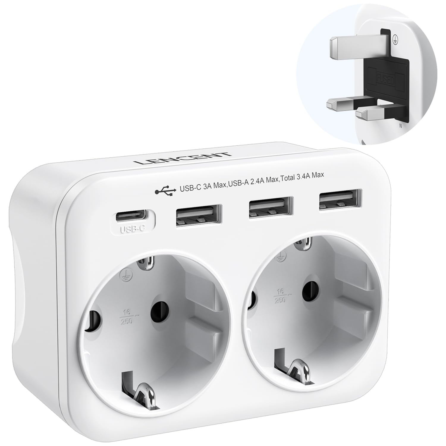 LENCENT Reiseadapter UK Deutschland Stecker, Typ G Netzadapter, Reisestecker mit 1 USB-C&3 USB-A Ports, Doppelte EU Schuko auf UK für England, Großbritannien, Schottland, Irland, Malediven Steckdosen EU auf UK Angebot bei HelloDeals