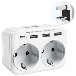 LENCENT Reiseadapter UK Deutschland Stecker, Typ G Netzadapter, Reisestecker mit 1 USB-C&3 USB-A Ports, Doppelte EU Schuko auf UK für England, Großbritannien, Schottland, Irland, Malediven Steckdosen EU auf UK Angebot bei HelloDeals