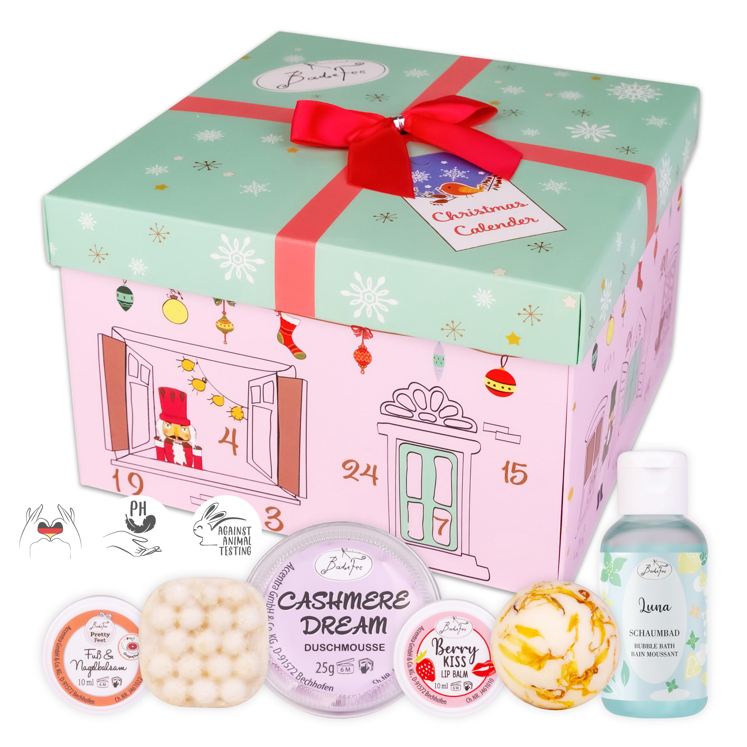 BadeFee Beauty Adventskalender für Frauen "Nussknacker" 2025, 24 ausgewählte Kosmetikprodukte: Duschmousse, Deocreme, Handcreme uvm. – ohne Silikone, Weihnachtskalender handgemacht in Deutschland Angebot bei HelloDeals