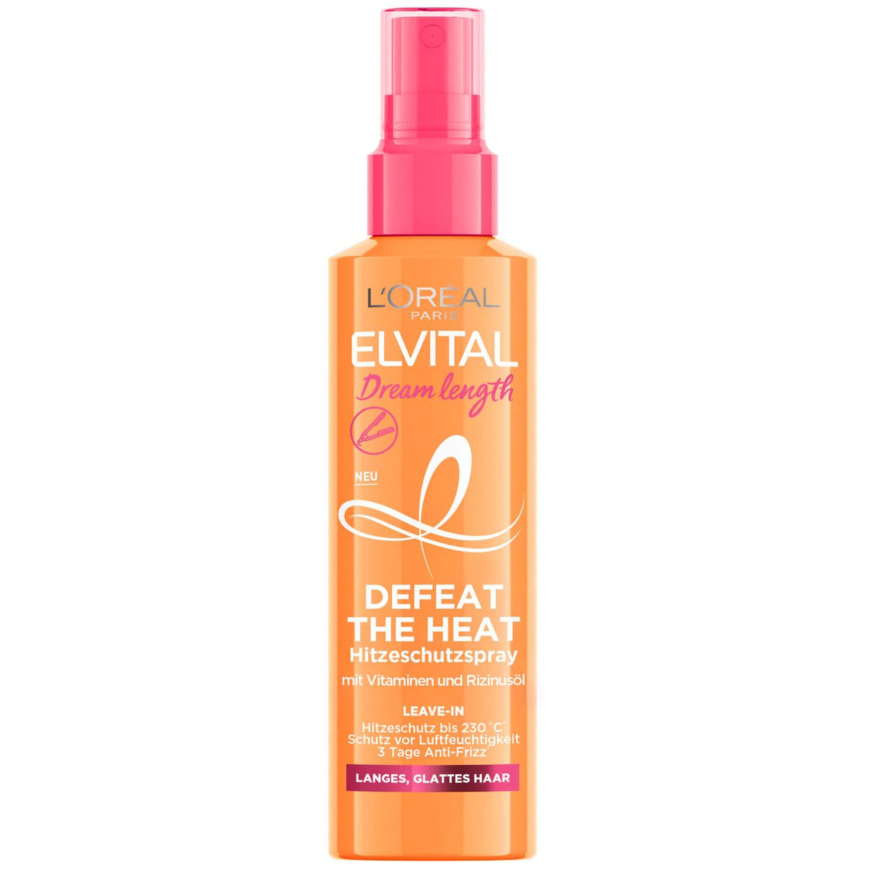 L'Oréal Paris Elvital Hitzeschutzspray für langes, glattes Haar, Leave-In Haarkur gegen Frizz, Ohne Ausspülen, Mit Vitaminen und Rizinusöl, Dream Length Defeat The Heat, 1 x 150 ml Elvital Dream Length Hitzeschutzspray 150 ml Angebot bei HelloDeals