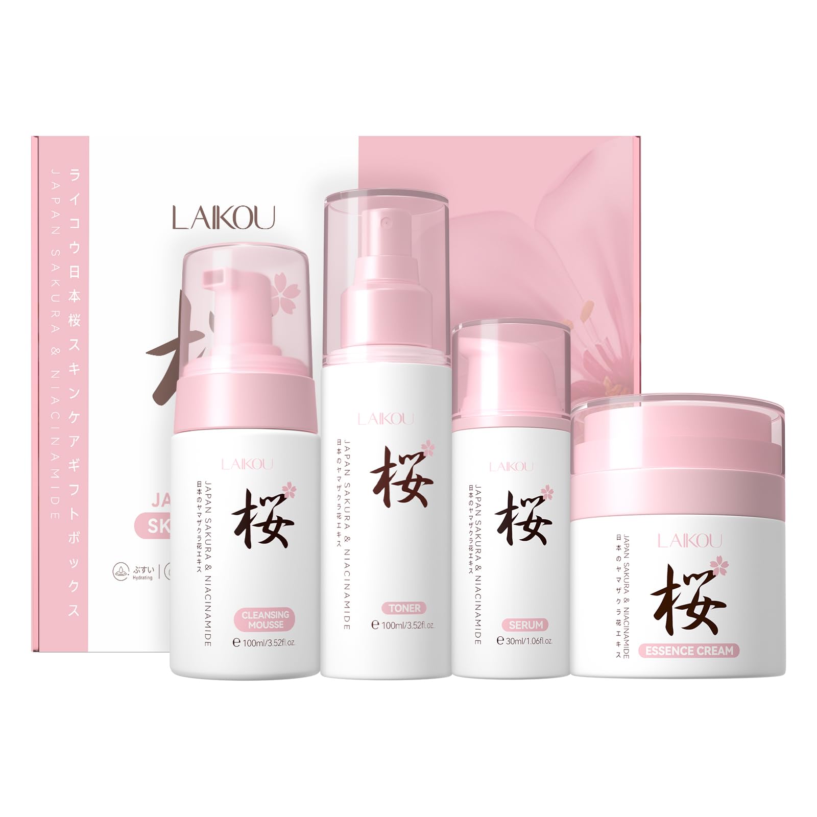 LAIKOU Sakura Gesichtspflege Set, Hautpflege Geschenkset Frauen, 4 Stück Feuchtigkeitsspendend Skincare Geschenkset – Reinigungsmittel Gesicht, Serum, Toner Hydrating, Gesichtscrem 4 stück 4 Angebot bei HelloDeals