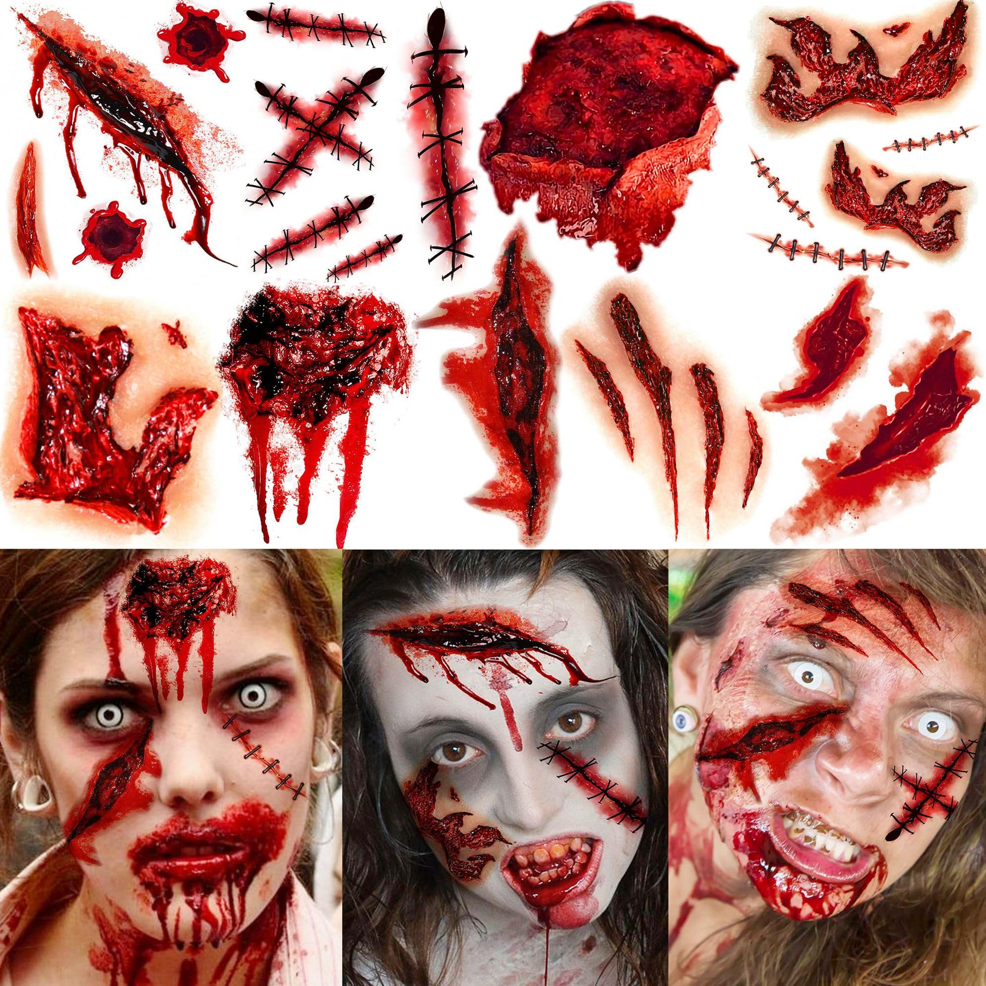 9 Blatt Halloween Fake Narben Tattoos Damen Herren Erwachsene, Fake Wunde Blut Verletzung Schnitt Kratzer Stiche Temporäre Tattoos Aufkleber, Vampir Gesicht Halloween Zombie Make Up Kit Zubehör FakeNarben Angebot bei HelloDeals