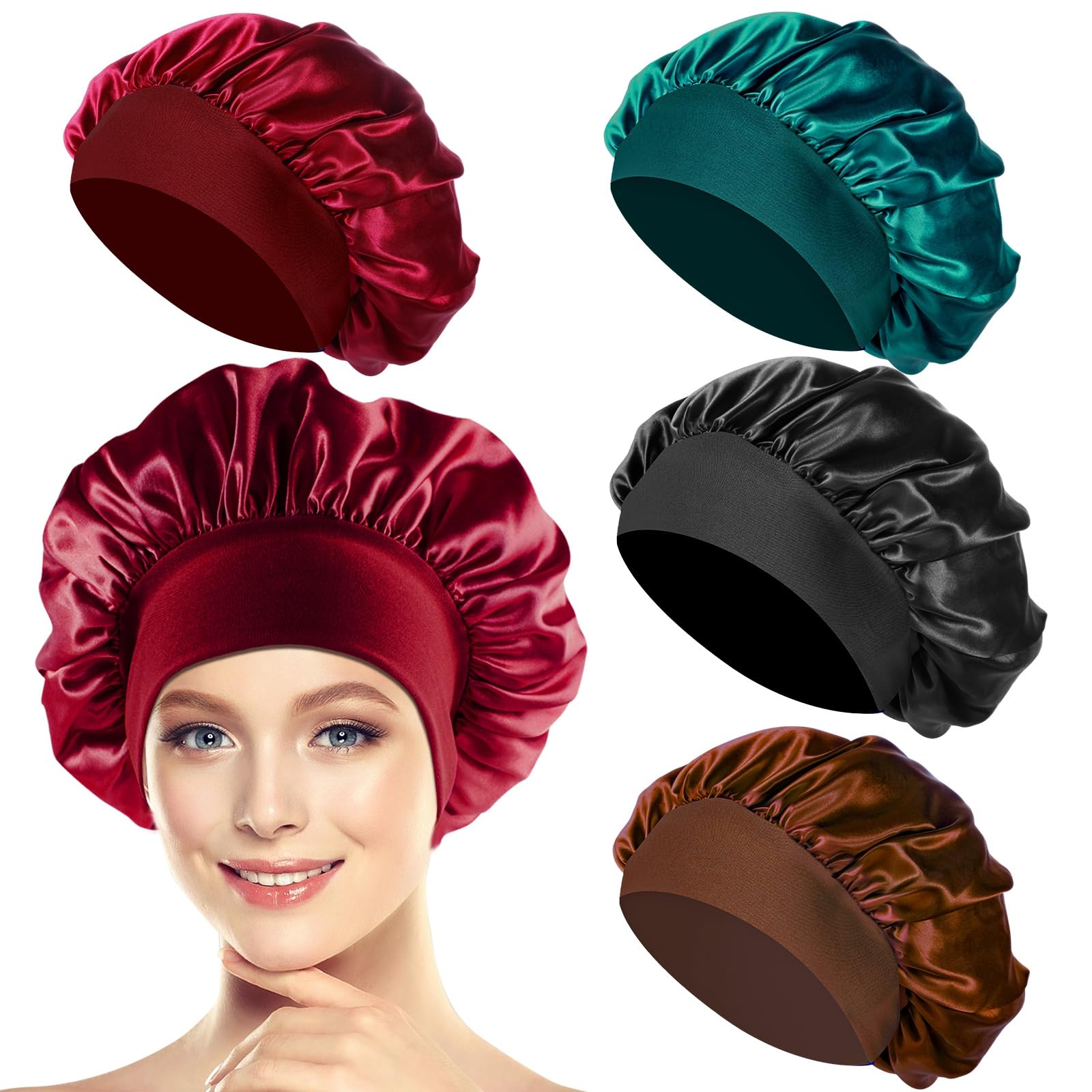 4 Stück Seidenhaube zum Schlafen, Schlafhaube Seide Weiche Satin Haarhaube für Damen, Silk Bonnet Atmungsaktive Haarhaube für die Nacht (Schwarz,Rot,Cyan,Kaffee) Angebot bei HelloDeals