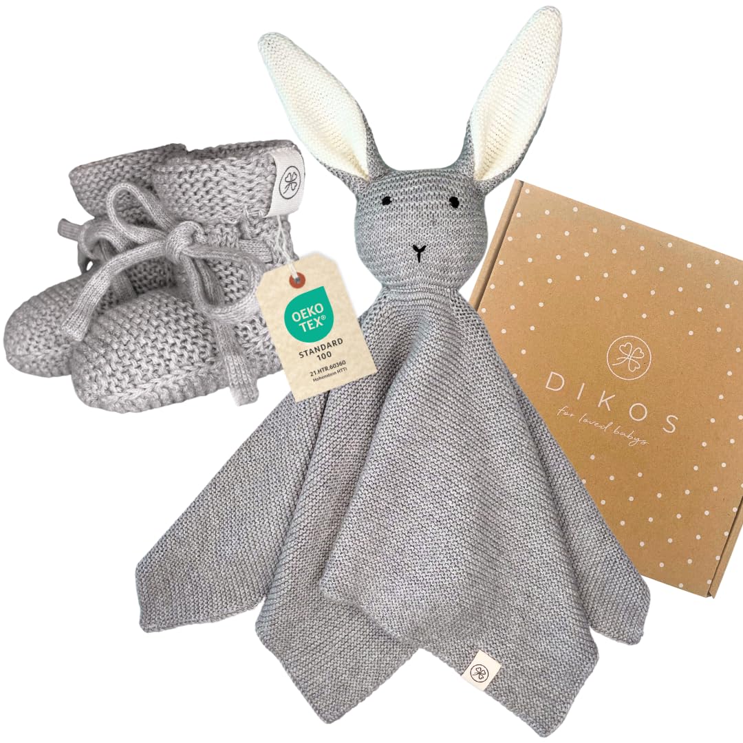 DIKOS® Kuscheltuch SCHMUSE-HASE & Söckchen – Premium Geschenkset aus weicher, gestrickter Bio-Baumwolle (Oeko-TEX) für Neugeborene – Schnuffeltuch als erstes Kuscheltier – zur Geburt Grau Angebot bei HelloDeals