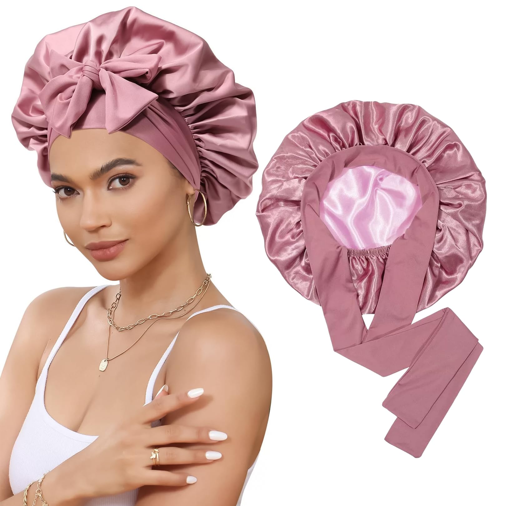 YueJieSelected Seidenhaube zum Schlafen Lange Haare,Silk Bonnet Sleep Cap,Schlafhaube Seide,Satin Haarhaube für Die Nacht,Schlafhaube Haare Schützen CapSeidenhaube zum Schlafen (1 leichtes Pulver) Rosa Angebot bei HelloDeals