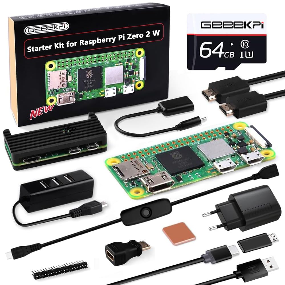 GeeekPi Starter Kit for Raspberry Pi Zero 2 W, with Zero 2 W Aluminum Case,64GB SD Card Preloaded OS,QC3.0 Power Supply,20 Pin Header,Micro USB to OTG Adapter,HDMI Cable,Heatsink,ON/Off Switch Cable Angebot bei HelloDeals