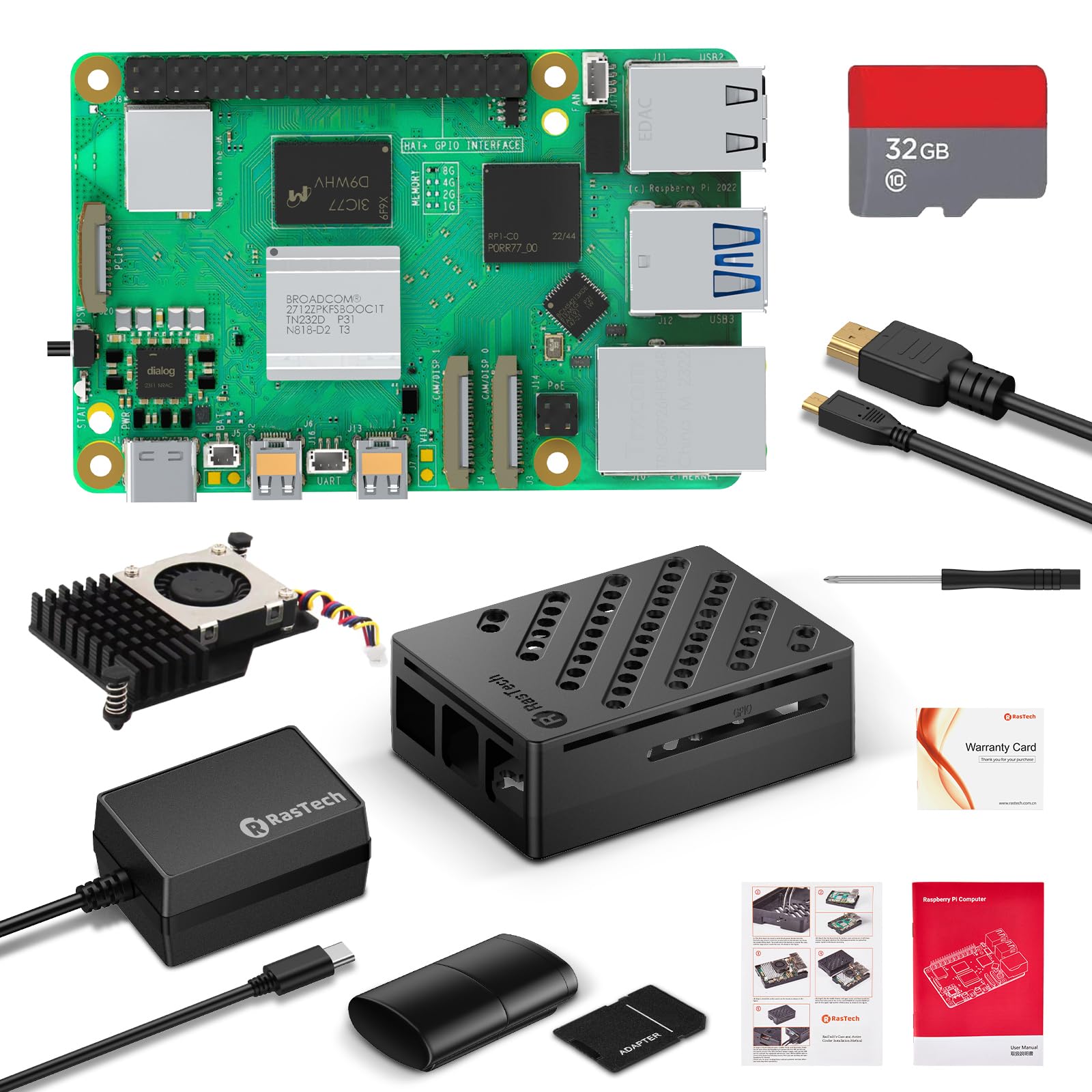 RasTech Raspberry Pi 5 8GB Starter Kit mit 32GB Card Pi 5 Gehäuse mit Active Cooler Kartenleser Kartenadapter Schraubendreher 1X HD Out Kabel und USB C Netzteil Angebot bei HelloDeals
